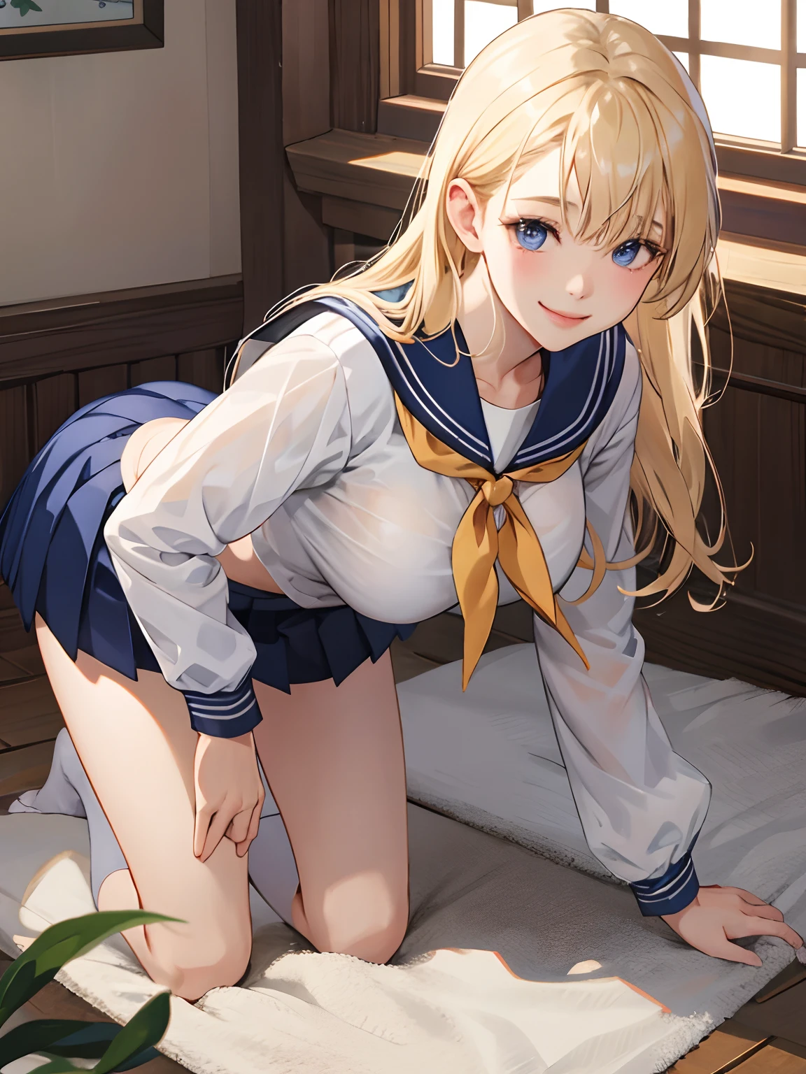 top-quality、Realistic、High School Girl、bule、large full breasts、a sailor suit、Tight-fitting uniforms、Sheer clothing、skirts that are too short、Not wearing underwear、A smile、big eye、long lashes、Long upper eyelashes、a blond、cute little、Beautie、A sexy、Dark classroom、full body Esbian、submissive look、Submissive smile、Flushed cheeks、Kamimei、Big buttocks、thin-waist、Stick your butt out on all fours、White liquid
