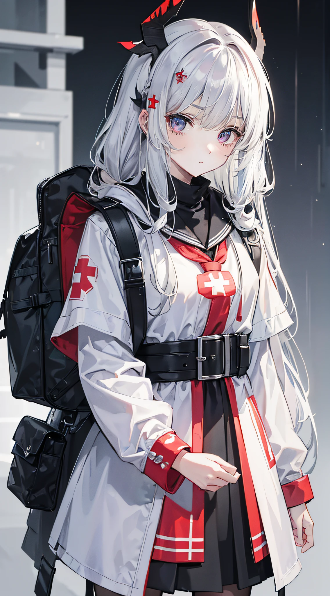 Ark of Tomorrow(best qualtiy,CG class,tmasterpiece)Modern style,(A girl,the doctor,A look of determination,Carry a large medical backpack,Gray hair,Pale golden vertical pupils,Long hair that falls over the shoulder,Clear eyes,Clear expressions,The main purpose of the operation was to help the wounded,Wear a medical gown(White mixed with black,There is a Red Cross),Iron cross-shaped hair ornament,black leg rings,neck rings(White and red mixed colors),The left eye closes slightly,Rhino horn on the head)。enviroment:城市,Shells flew across the battlefield,and it was raining lightly,The whole scene is monotonous in gray and black