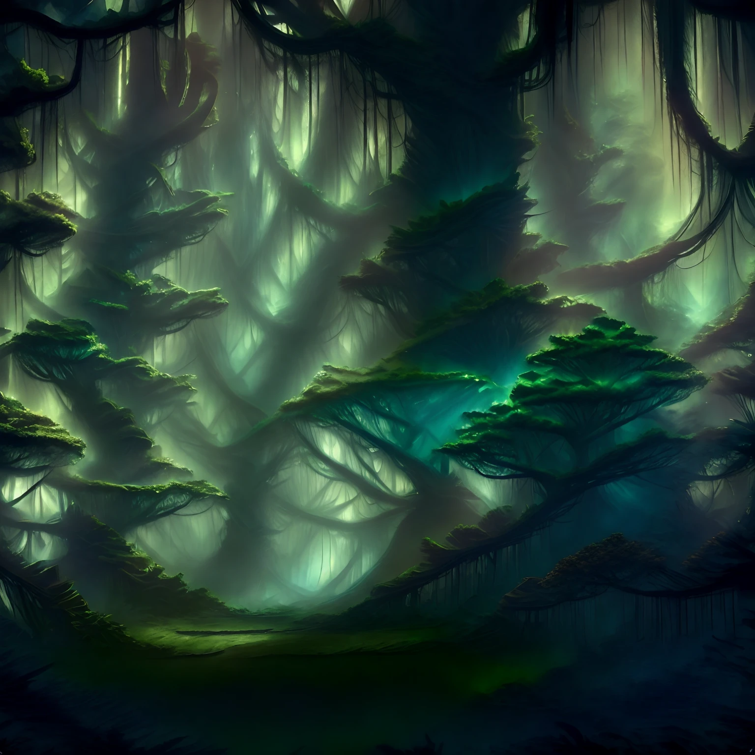 Picture an enchanted forest shrouded in an ethereal luminescence where every tree is a source of magical light. In this mystical realm, the foliage glows with an otherworldly radiance, illuminating the landscape with an array of vibrant, soft colors that dance and shift like bioluminescence.

The forest floor is blanketed with lush, emerald moss that shimmers under the gentle, diffused glow emanating from the canopy above. Trees, ranging from towering ancient oaks to slender willows and majestic sequoias, possess a magical aura. Their trunks and branches are adorned with intricate patterns that seem to be carved from starlight, pulsating with a soothing, enchanting radiance.

Each tree emits its unique hue of light: some exude a serene blue, reminiscent of moonbeams, while others shimmer with a warm, golden radiance akin to sunlight. Certain species display a myriad of colors, casting a surreal and harmonious symphony of glowing hues throughout the forest.

The ambient glow softly illuminates the surroundings, casting long, shifting shadows that play against the landscape like living paintings. Delicate, bioluminescent flowers dot the forest floor, enhancing the magical aura with their gentle, pulsating light, drawing in nocturnal creatures and fairytale beings that thrive under this mystical canopy.

The air is scented with a blend of moss, earth, and a hint of something sweet and magical, adding to the serene and captivating ambiance of this otherworldly forest. Wisps of fog occasionally drift between the radiant trees, enhancing the mystical atmosphere, while ethereal, melodic whispers seem to echo from the heart of the woods.

The interplay of light and shadow creates a surreal, dreamlike environment, captivating any wanderer who dares to enter. It's a place where magic and nature intertwine, where the very essence of the forest seems to resonate with a deep, ancient enchantment, offering a glimpse into a world beyond imagination