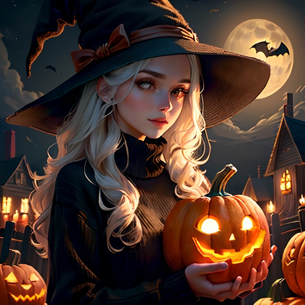 (Best quality, 8k, 32k, Masterpiece, UHD,:1.2 A Girl in long black sweater, in Witch hat for Halloween , holding Pumpkin with candle lit inside in both hands, Busy pumpkin patch and moonlit scene in the background of her