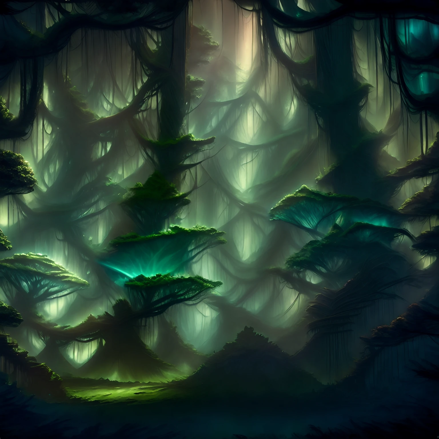 Picture an enchanted forest shrouded in an ethereal luminescence where every tree is a source of magical light. In this mystical realm, the foliage glows with an otherworldly radiance, illuminating the landscape with an array of vibrant, soft colors that dance and shift like bioluminescence.
The forest floor is blanketed with lush, emerald moss that shimmers under the gentle, diffused glow emanating from the canopy above. Trees, ranging from towering ancient oaks to slender willows and majestic sequoias, possess a magical aura. Their trunks and branches are adorned with intricate patterns that seem to be carved from starlight, pulsating with a soothing, enchanting radiance.
Each tree emits its unique hue of light: some exude a serene blue, reminiscent of moonbeams, while others shimmer with a warm, golden radiance akin to sunlight. Certain species display a myriad of colors, casting a surreal and harmonious symphony of glowing hues throughout the forest.
The ambient glow softly illuminates the surroundings, casting long, shifting shadows that play against the landscape like living paintings. Delicate, bioluminescent flowers dot the forest floor, enhancing the magical aura with their gentle, pulsating light, drawing in nocturnal creatures and fairytale beings that thrive under this mystical canopy.
The air is scented with a blend of moss, earth, and a hint of something sweet and magical, adding to the serene and captivating ambiance of this otherworldly forest. Wisps of fog occasionally drift between the radiant trees, enhancing the mystical atmosphere, while ethereal, melodic whispers seem to echo from the heart of the woods.
The interplay of light and shadow creates a surreal, dreamlike environment, captivating any wanderer who dares to enter. It's a place where magic and nature intertwine, where the very essence of the forest seems to resonate with a deep, ancient enchantment, offering a glimpse into a world beyond imagination