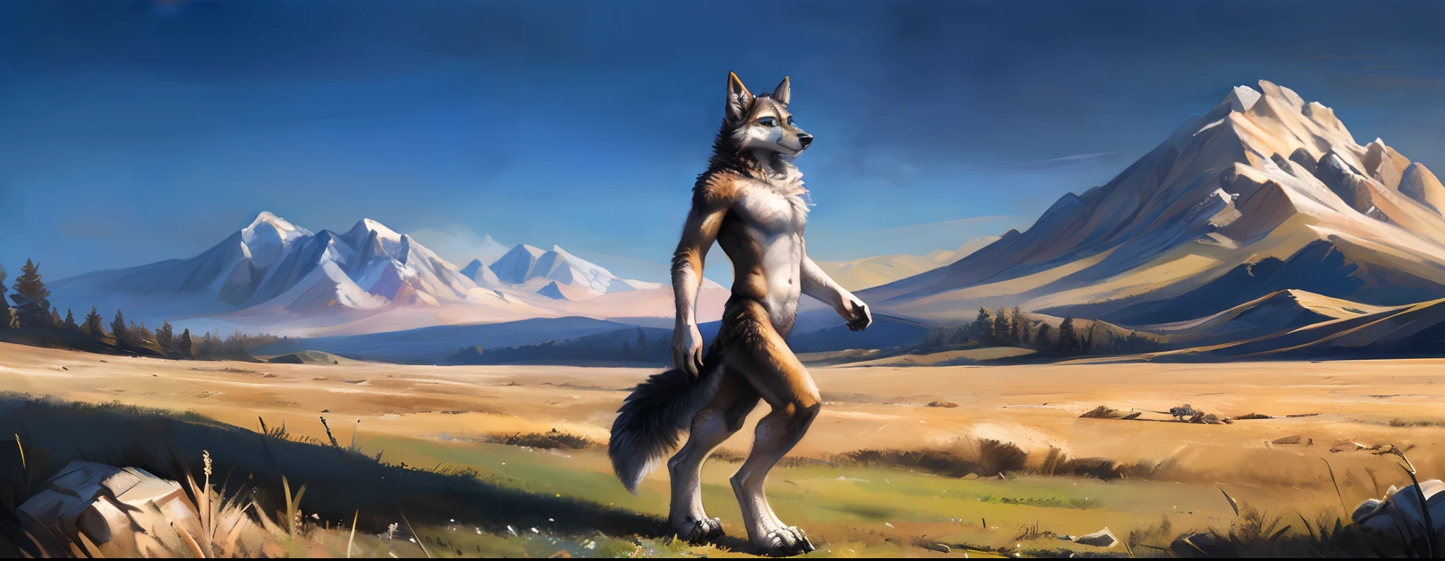 ((Solo)), Male, coyote, (Multi-colored fur, White-brown:1.3，White tail pointed), (Body length 1.8 meters,Tail length 1.2m), ((Wolf face, White hair, Big eyes, White eyelids, Blue pupil, Slim:1.2) (Tough, Calm expression:1.2)), Robust，Slim, pinging)), (Correct body anatomy), A long big tail，Feet，Longer torso，Well-proportioned limbs，(Realistic fur, Detailed fur texture, labeled:1.3)), (Natural lighting), Photorealistic, Hyperrealistic, ultradetailed, by Kenket，Naked all over the body，Endless grasslands，Walking