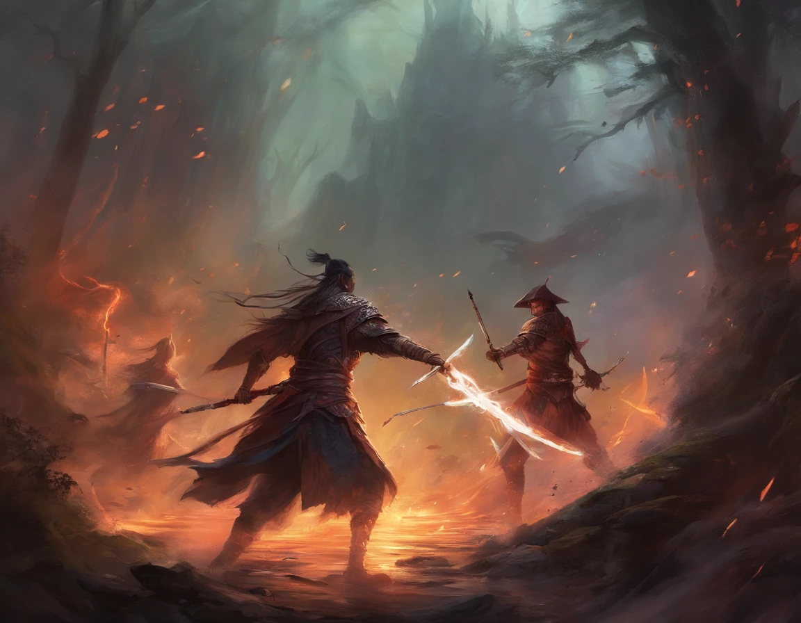 battle, corpse, bloody, rain, samurai, guy, long sword, sword clash, running, arrow shot, light beam, monster, two person