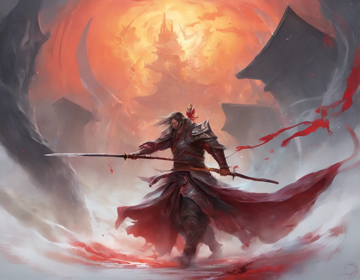 battle, corpse, bloody, rain, samurai, guy, long sword, sword clash, running, arrow shot, light beam, monster, two person