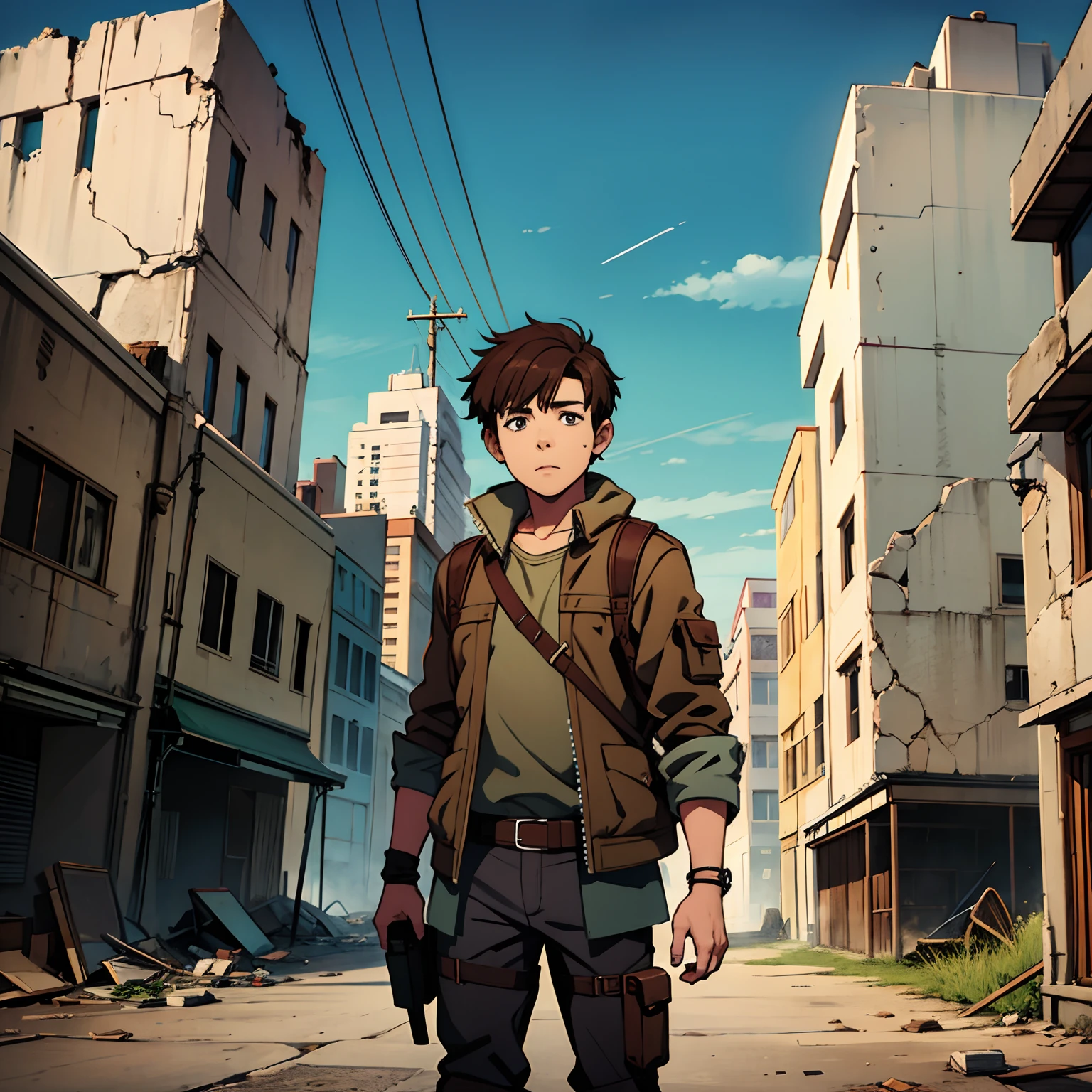 Young boy, brown hair, in a post apocalyptic world,