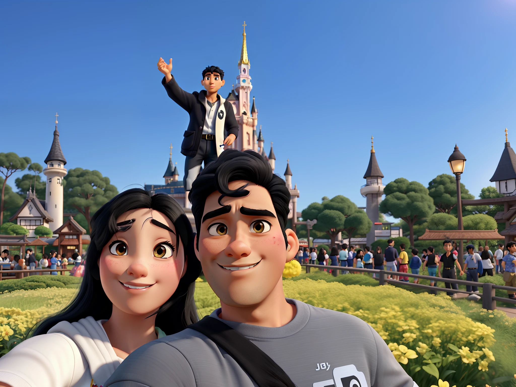 A black-haired woman and a mixed-race Japanese man, Disney Pixar Style Poster, alta qualidade, melhor qualidade.