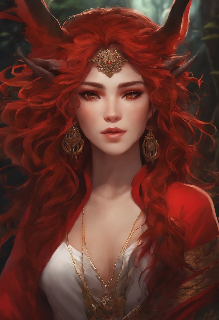 Create an image of a character named Vermillion with the following details:
- Appearance: Minerva has an enigmatic but playful and teasing presence. She possesses a unique blend of strength and mystery.
- Eyes: Her eyes are deep pools of emeralds.
- Hair: Her hair is a rich shade of crimson, cascading in graceful waves around her. It contrasts vividly with her pale skin, adding warmth to her overall appearance. Twin pitch black demon horns sprout from the back of her head and point upwards.
- Ethnicity: She has an American/Asian-inspired appearance, featuring delicately sculpted features that convey an otherworldly and mysterious beauty.
- Outfit: Vermillion wears a tight brown T-Shirt, and tight blue jeans that hug her curves.
- Note: Vermillion is an ethereal spirit and does not completely inhabit the physical realm.
Please create an image that captures Vermillion's essence and embodying her unique appearance. The image should reflect her enigmatic and powerful persona, but also have her give a teasing smile; highlighting her eyes, hair, and the interplay of colors between the black, red, and brown elements.