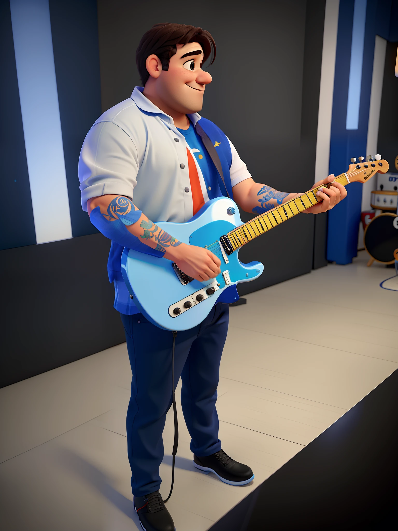 Um homem estilo Pixar Disney, tocando uma guitarra Telecaster com escudo azul , com um fundo de banda ,