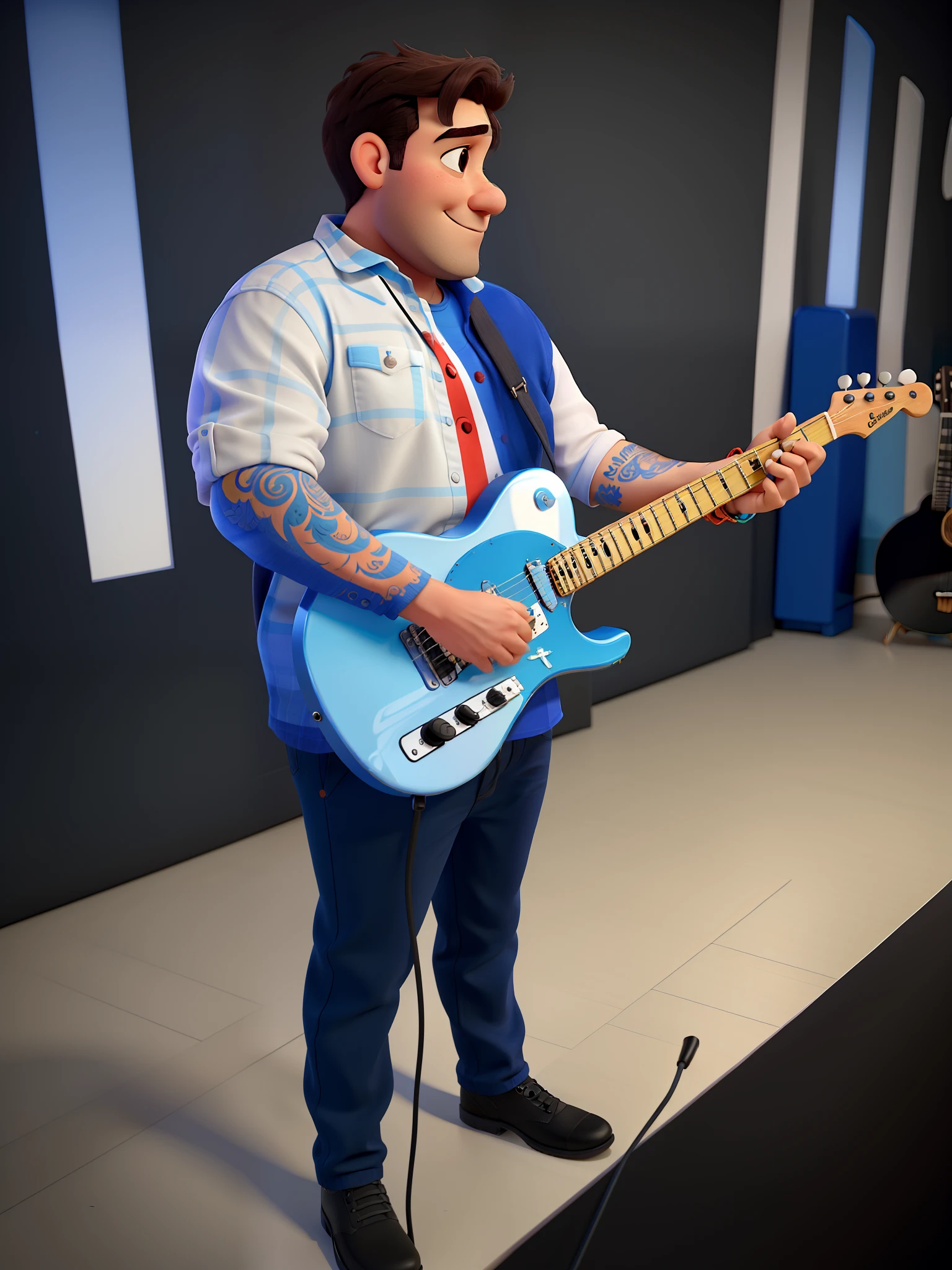Um homem estilo Pixar Disney, tocando uma guitarra Telecaster com escudo azul , com um fundo de banda ,