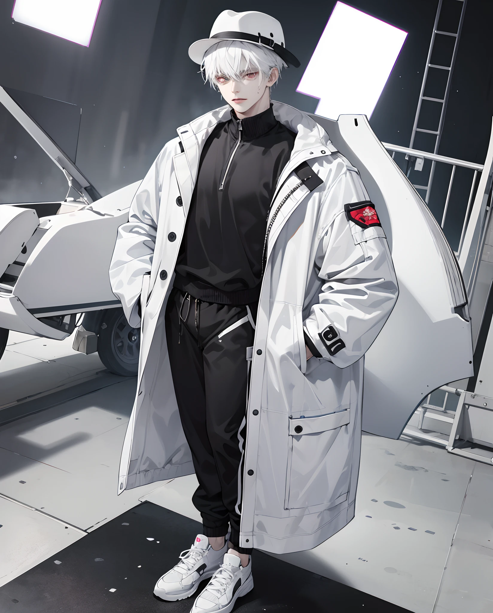 Pale skin, white jacket, white hair, male, white gloves, black sweatpants, white shoes, dark gray fedora, black pupils, like a anime character