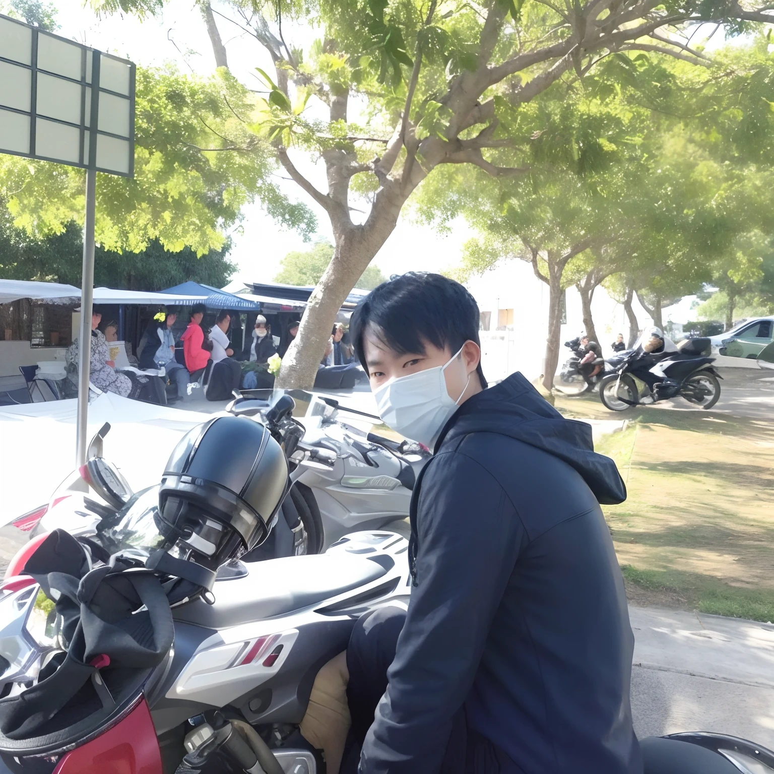 there is a man sitting on a motorcycle with a mask on, wearing mask, wearing facemask, wearing facemask taken with the best dlsr camera, without helmet, by Yi Insang, with a park in the back ground, student, wearing a mask,
