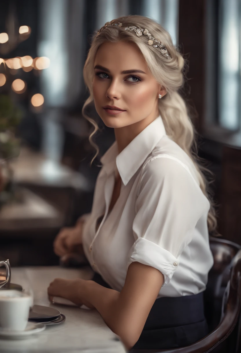 At best....., high-detail, master-piece, ultra-detail, (Realistic:1.2), 1girls, ( Cafe Background),, delicate eyes, silver-haired, purple eyes, Hair ornaments, (Clear Buttons White Tight Office Shirt:1.3),Hair length, light_ear, diadem_braid, expressionless, straight hair, (++ Seated: 1.2), large boobs,lifelike,soft colors,Wear glasses, (((Lara Gut))), nude