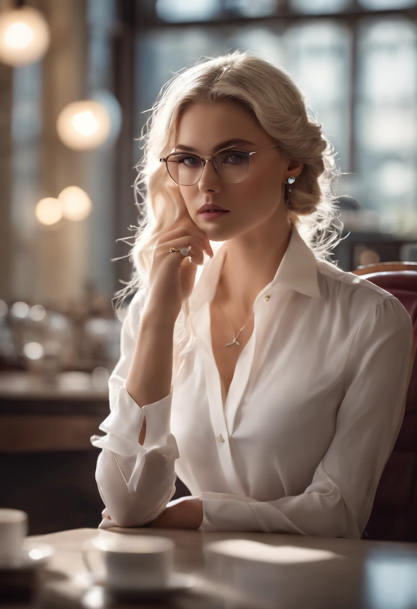 At best....., high-detail, master-piece, ultra-detail, (Realistic:1.2), 1girls, ( Cafe Background),, delicate eyes, silver-haired, purple eyes, Hair ornaments, (Clear Buttons White Tight Office Shirt:1.3),Hair length, light_ear, diadem_braid, expressionless, straight hair, (++ Seated: 1.2), large boobs,lifelike,soft colors,Wear glasses, (((Lara Gut))), nude