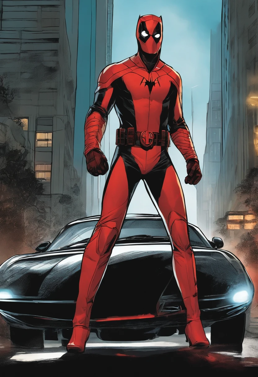 In this action-packed comic book scene, our fearless hero in striking red and black attire races to the rescue of a dear friend, hurtling down the city streets in a sleek, high-tech car. The hero's eyes are determined, and the car is a masterpiece of engineering, loaded with gadgets and weapons to battle any obstacle that comes their way. The city is shrouded in darkness, and the hero's friend is in imminent danger.