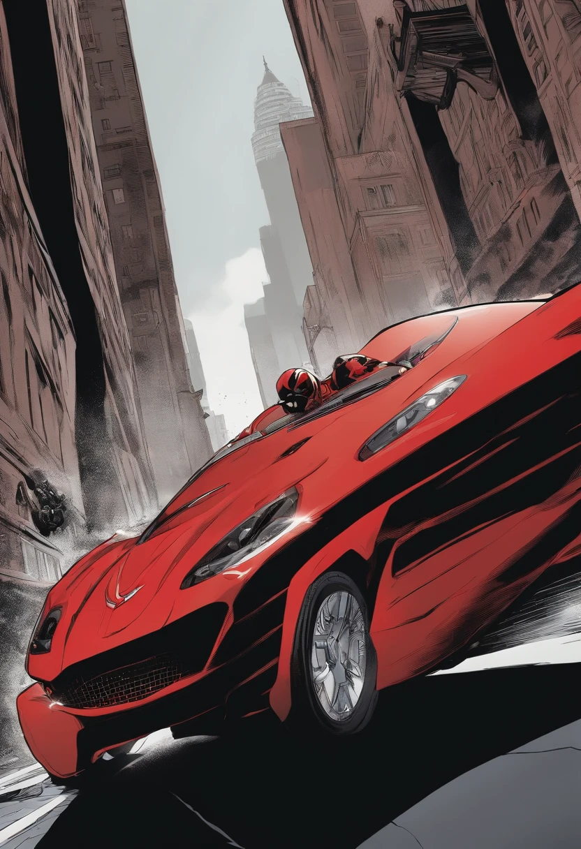 In this action-packed comic book scene, our fearless hero in striking red and black attire races to the rescue of a dear friend, hurtling down the city streets in a sleek, high-tech car. The hero's eyes are determined, and the car is a masterpiece of engineering, loaded with gadgets and weapons to battle any obstacle that comes their way. The city is shrouded in darkness, and the hero's friend is in imminent danger.