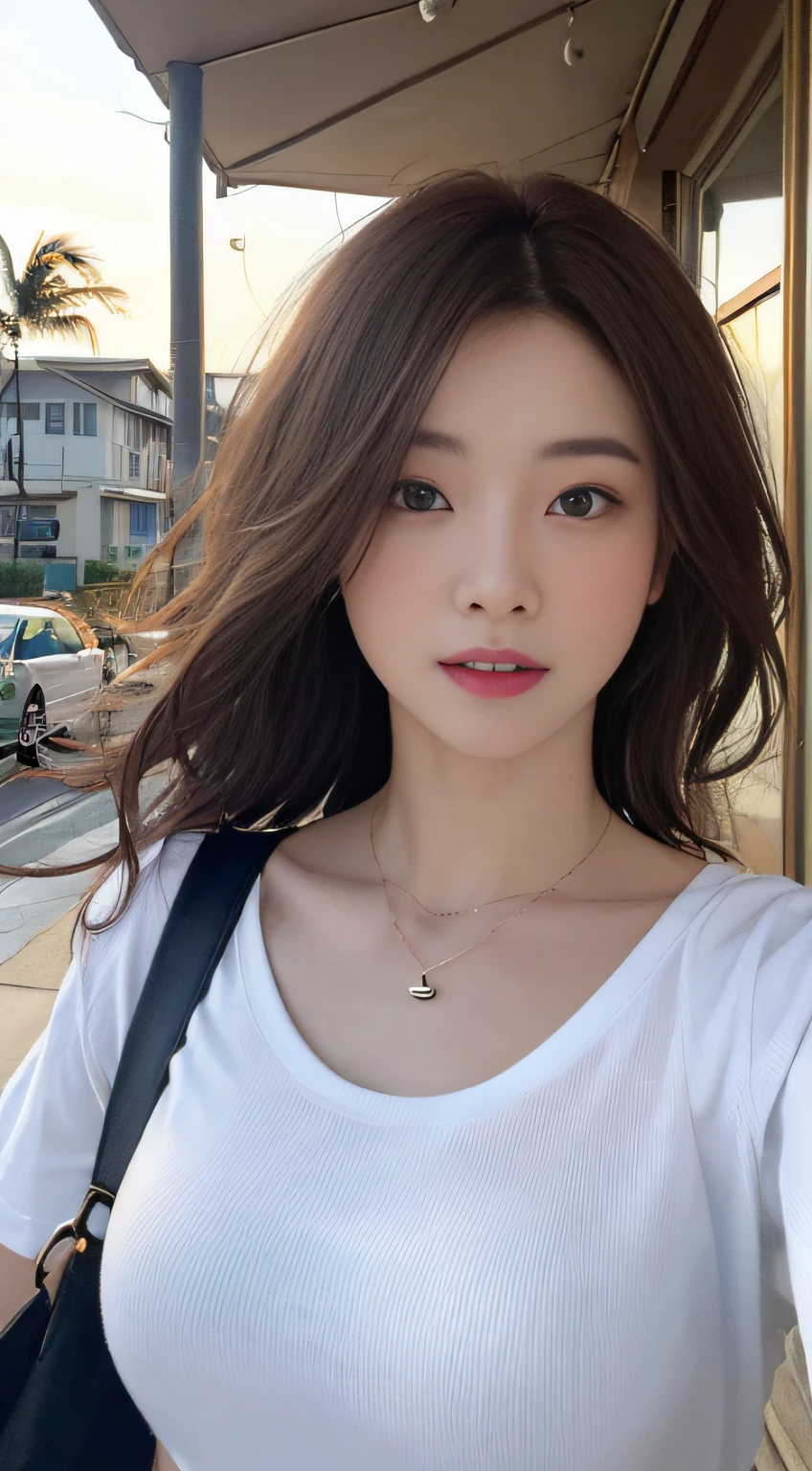 ((Realistic lighting、Highest quality、8K、Masterpiece:1.3))、Clear focus:1.2、 girl、Perfect Body Beauty:1.4、Slim Abs:1.1、whole body、((Dark brown hair、Large Breasts:1.3))、(Acceleration:1.4)、(nice、Dawn:1.1)、View of Waikiki Beach、Palm tree、Narrow Face、Beautiful Eyes、double eyelid、Fashion model posing、Floating Hair、T-Shirts、pendant、Cleavage、smile