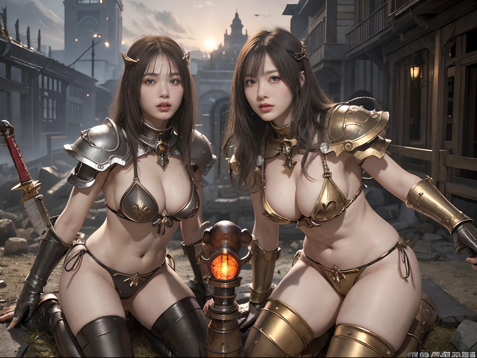 top-quality、​masterpiece、超A high resolution、(Photorealsitic:1.4)、Raw photo、女の子1人、（heavy breasts）、glowy skin、(((detailed beautiful faces)))、With a beautiful sword and shield、（Gorgeous Silver Bikini Armor、(((Random hair))),(((Beautiful legs))),(Kobold、ogre、Fierce battle with orcs),（Colossal tits）、Seductive look、(Background of decaying dungeon ruins)、（Ultimate Beauty）、（Detailed and realistic beauty face）、(Fighting Demonic Beasts)、(Small LED)、((super realistic details))、portlate、(Strong giant demon beast background),globalillumination、Shadow、octan render、8K、ultrasharp、Colossal tits、Raw skin is exposed in cleavage、metals、Details of complex ornaments、Japan details、highly intricate detail、Realistic light、(Mystical expression),CGSoation Trends、Red Eyes、radiant eyes、Facing the camera)、Gundam、Small LED、Toostock、（Gold Micro Bikini）、（Attack of the Monster Beasts）、（Micro Bikini Armor）、Toostock、Toostock、