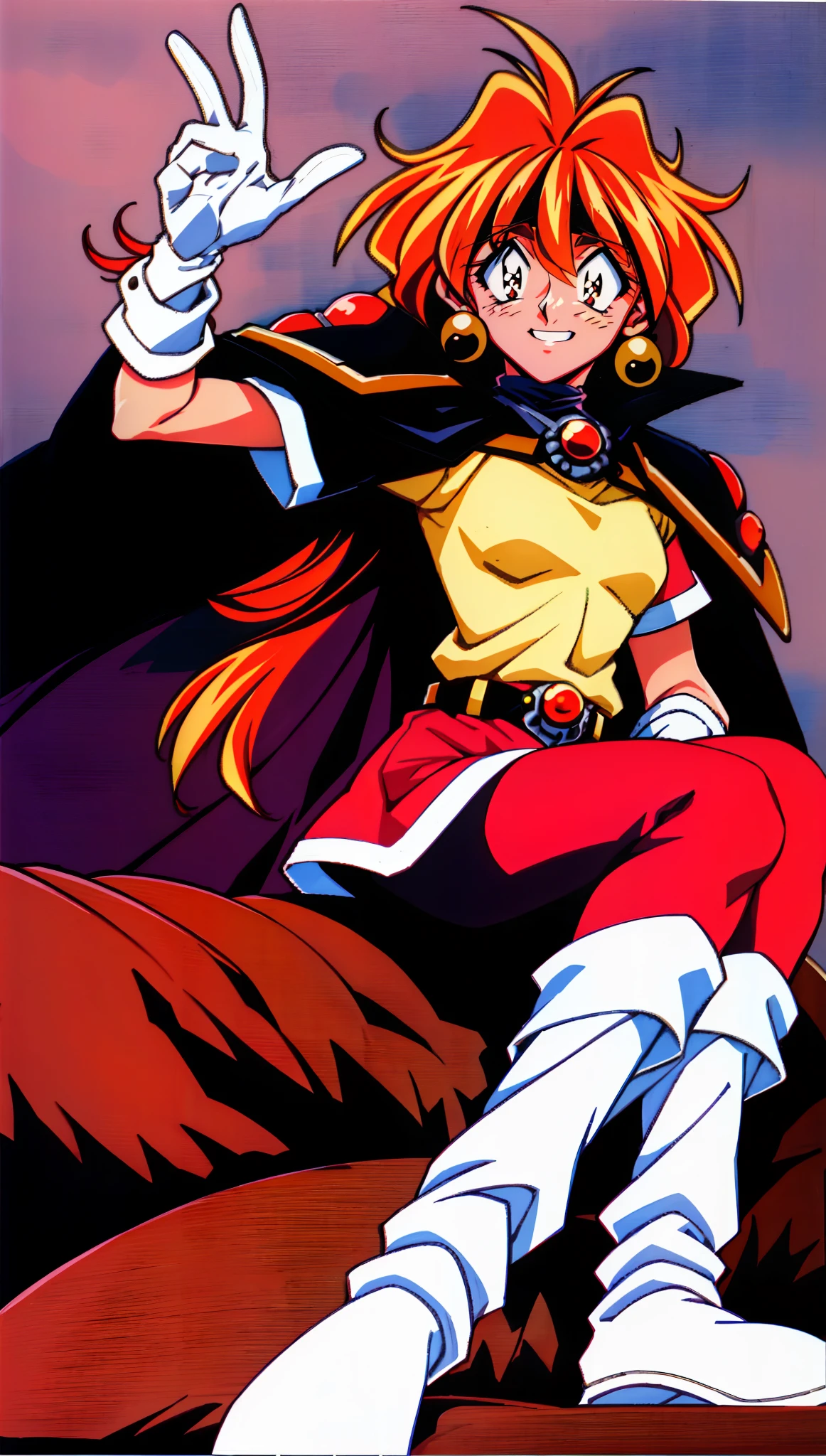 masterpiece, best quality, ultra-detailed, illustration, 1girl, 1990s \(style\), belt, boots, cape, earrings, gloves, headband, jewelry, lina inverse, long hair, pantyhose, red eyes, red hair, orange hair, retro artstyle, solo, traditional media,smiling,smile