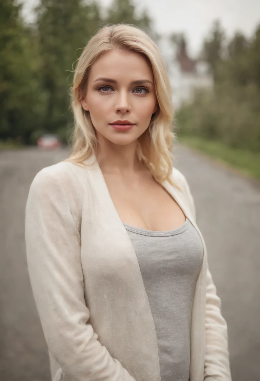 portrait A beautiful blonde woman , big tits ,Vollmundig, ultra resolution, Reflections on the ground and in the cloudy sky, Aufwendige Details, hyperrealistisch, Fotorealistisch wie im Kino, 4K