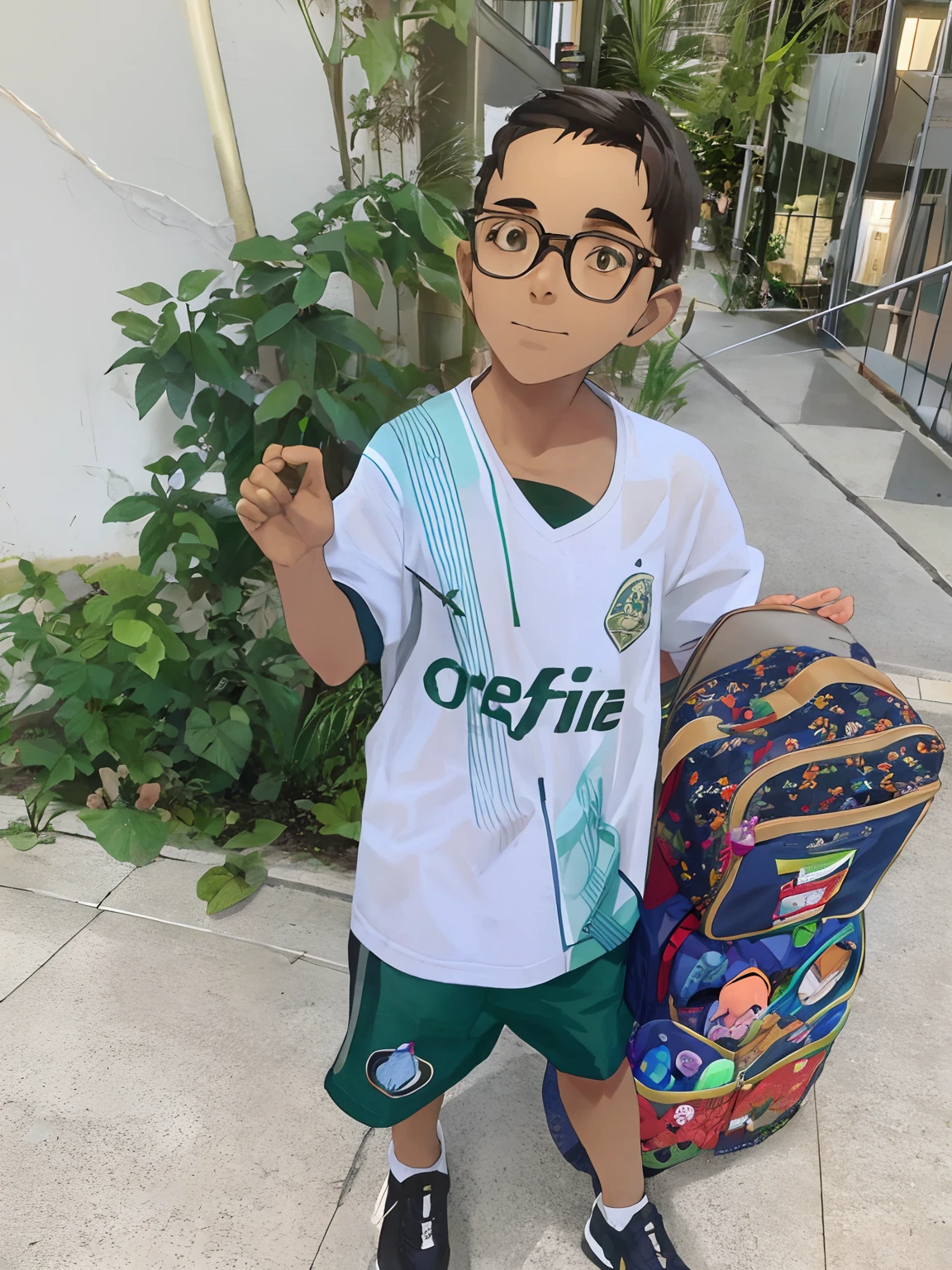 Boy with glasses and backpack standing on sidewalk, vestindo uniforme de futebol escolar, mateus 9 5, vencedor do concurso de drible, tirado no iphone 1 3 pro, foto de perfil, Reyyan, Andreas, edu souza, Capturado no iPhone, Directed by: CeFerí Olivé, CR3, tirado no iphone 14 pro