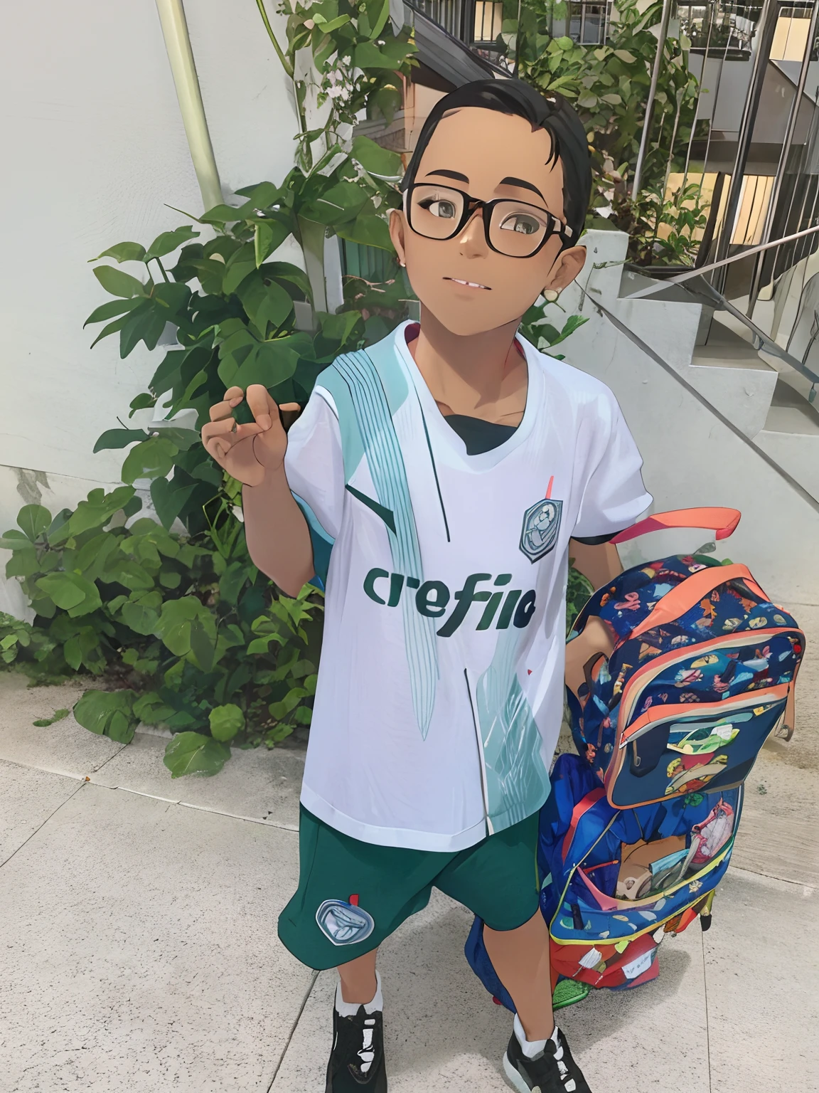 Boy with glasses and backpack standing on sidewalk, vestindo uniforme de futebol escolar, mateus 9 5, vencedor do concurso de drible, tirado no iphone 1 3 pro, foto de perfil, Reyyan, Andreas, edu souza, Capturado no iPhone, Directed by: CeFerí Olivé, CR3, tirado no iphone 14 pro