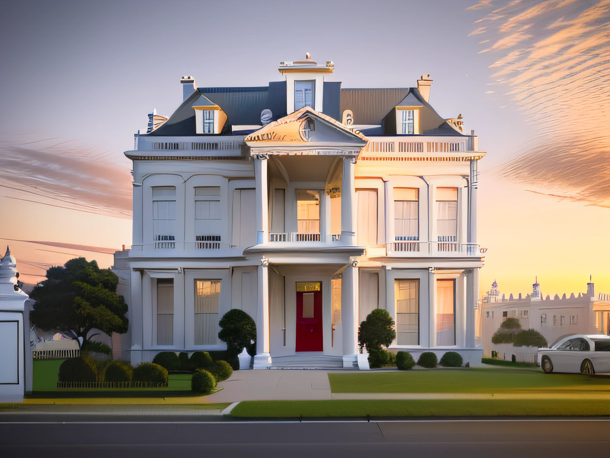 arafed white house with a red door and a car parked in front, neo - classical style, neo - classical, neo-classical, rich house, luxury architecture, stunning grand architecture, exterior design, exquisite architecture, classicism style, classical style, elegant architecture, realistic architecture, classicism artstyle, classical architecture, neoclassical style, colonial style, frontview