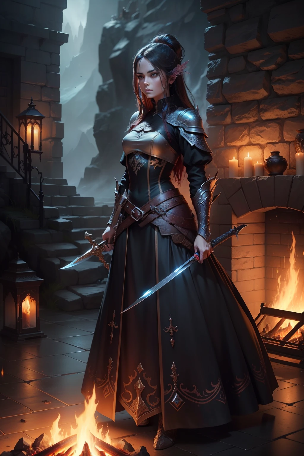 a woman with a sword in her hand standing in front of a fire, fantasy art style, epic fantasy art style hd, beautiful fantasy art, epic fantasy digital art style, detailed fantasy digital art, digital fantasy art ), epic fantasy art style, fantasy style art, fantasy digital art, beautiful digital artwork, digital art fantasy art, very beautiful fantasy art, 4k fantasy art