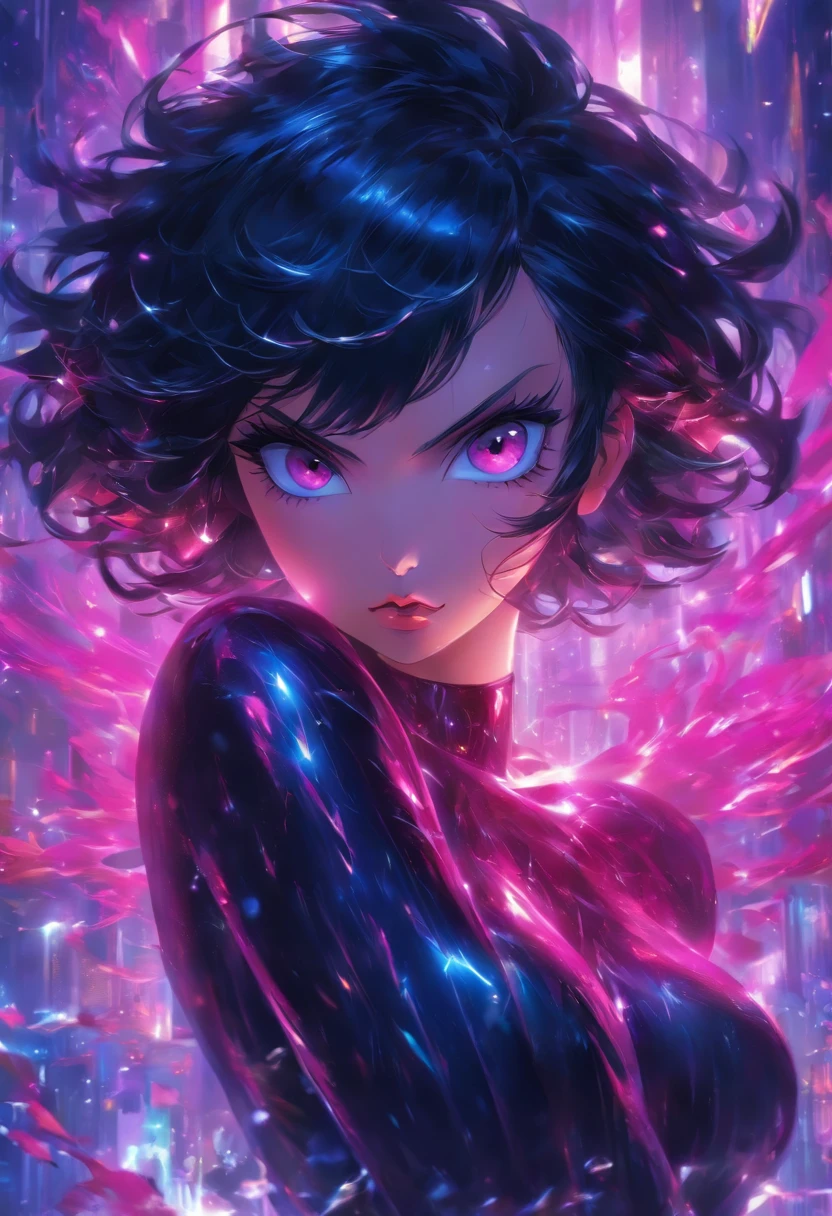 1girl, (short black hair), (pink eyes), ((lips)), wide hips, thick thighs, slim waist, huge breasts, texture, scenery, focused, cleavage, portrait, perfect lighting, evil grin,
