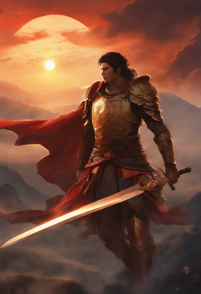 Generate an image in the anime style featuring a rising sun as the backdrop, with a fierce warrior returning from battle. The scene should capture the hero's triumphant and determined expression, exuding a sense of valor and resilience