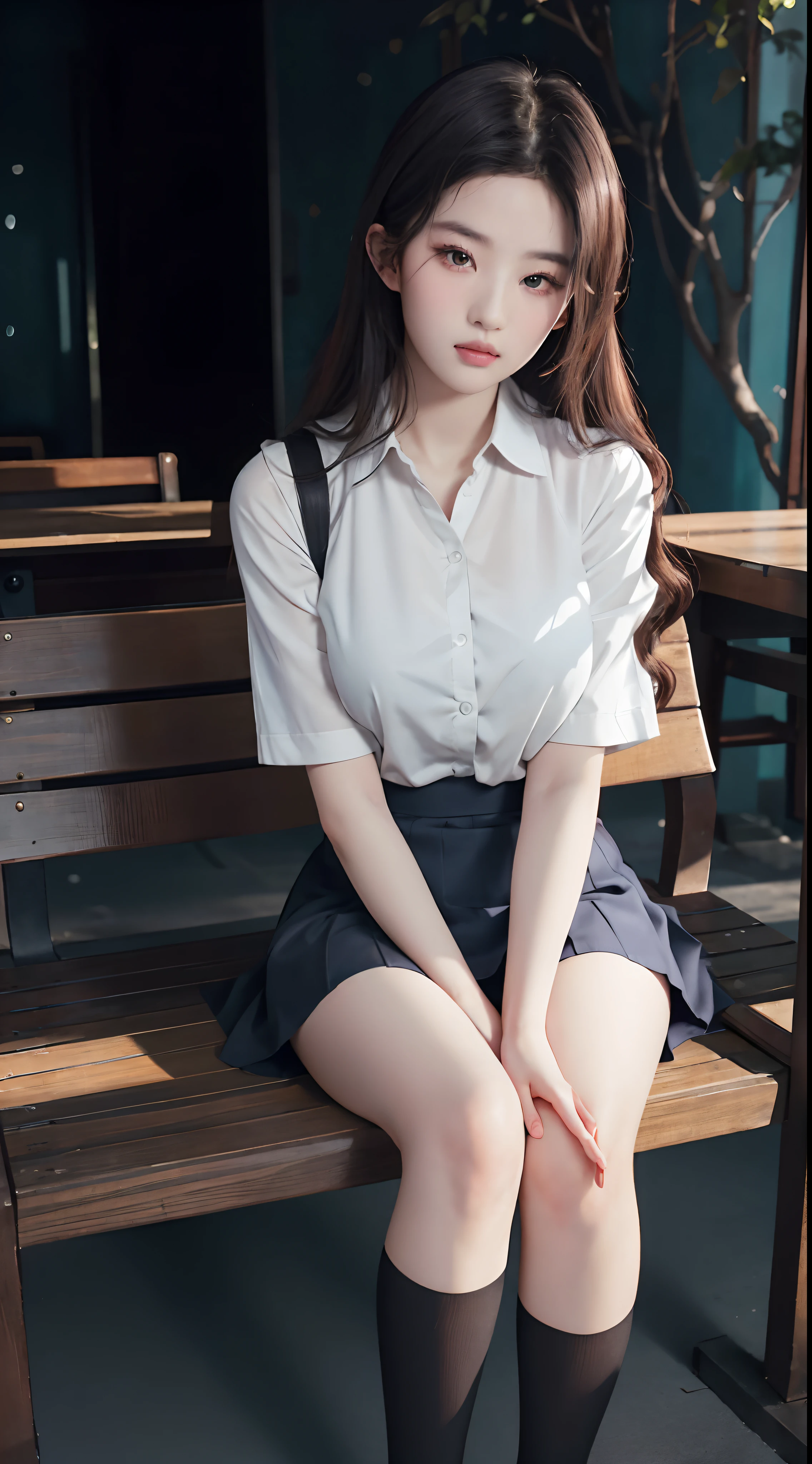 Ultra-realistic 8K CG,s the perfect face,flawless perfection,Ren,tmasterpiece,professionalartwork,famousartwork,s the perfect face,beauitful face,beautidful eyes,((Perfect female body)),独奏,(Blushlush:0.5),Enchanting expression,Ultimate detail_The eye,thick thight,huge tit,Exquisite background,depth of fields,photorealestic:1.3,Faraway view,1girll,The shirt,pleatedskirt,school uniform,Sit Pose,full bodyesbian,emphasis lighting,black lence stockings,Walk away