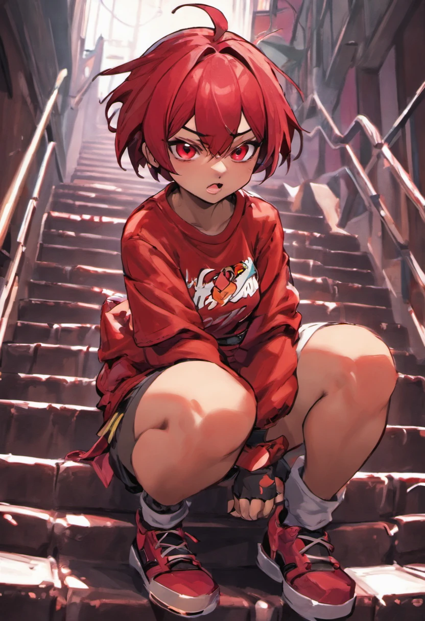 boa qualidade, personagem adolescente, cor de pele vermelha, chifre, eles , perna, Sitting on the stairs short hair tied back