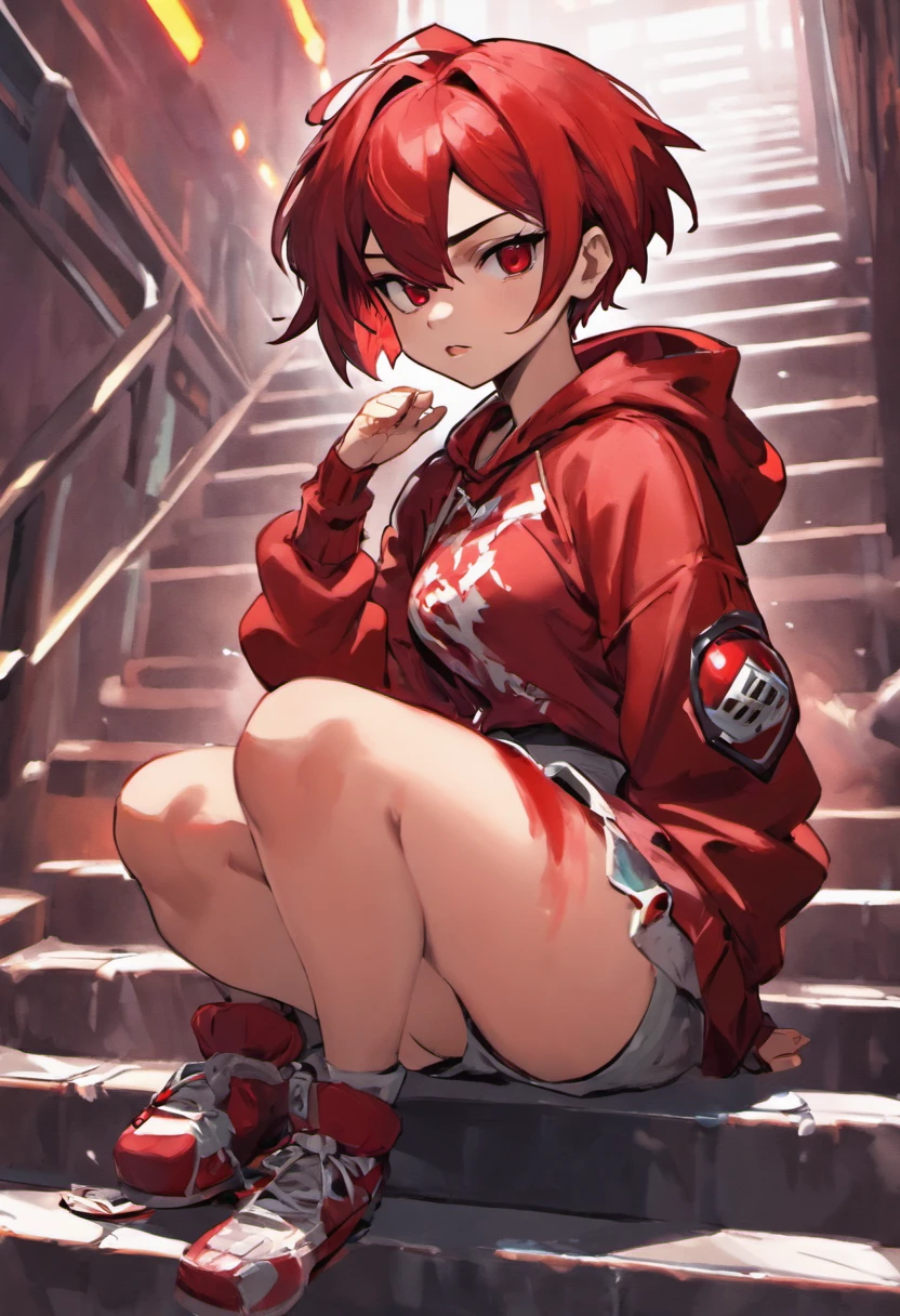boa qualidade, personagem adolescente, cor de pele vermelha, chifre, eles , perna, Sitting on the stairs short hair tied back