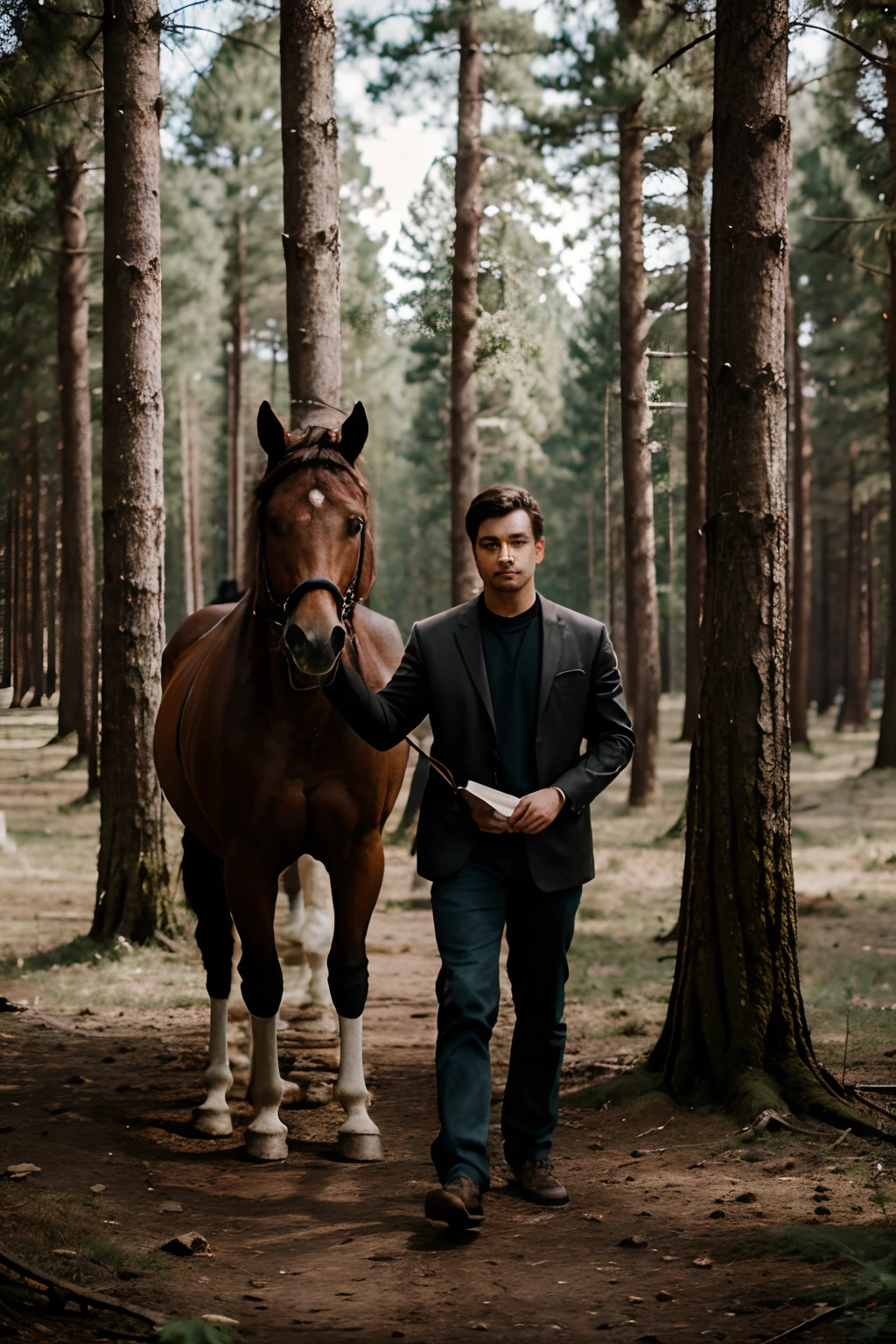 a men stand with horse in forest with urban color grading