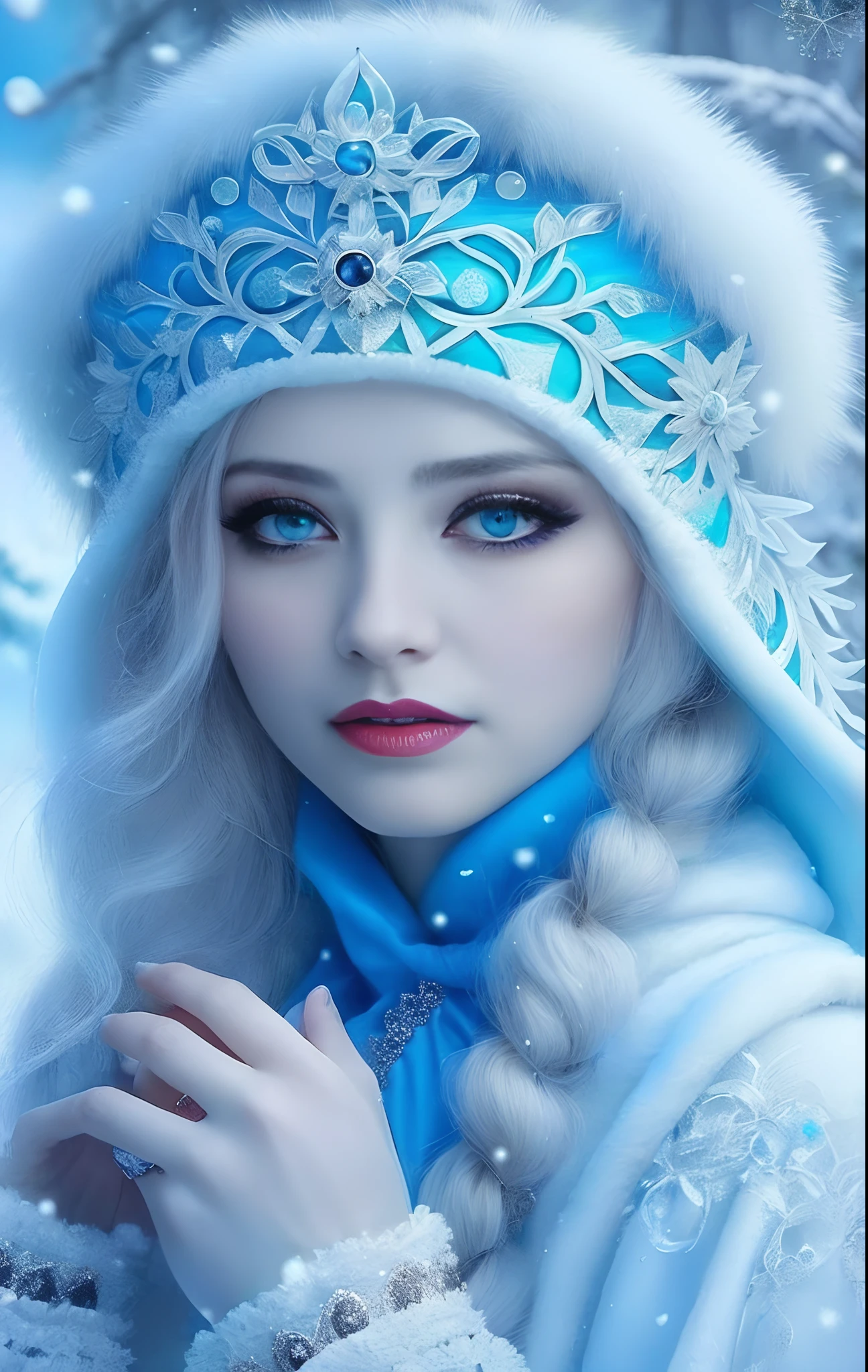 Un primer plano de una mujer con un sombrero azul y una bata blanca, Diosa del invierno, ojos azul hielo, ojos azul hielo, Princesa de invierno, Reina del invierno, Hechicera de hielo, Reina de Hielo, Ojos azules cristalinos, ojos helados, foto de perfil, Princesa de hielo, pale snow white skin, Hermosa bruja de escarcha antigua, Hermosa obra de arte digital, Cool blue colors