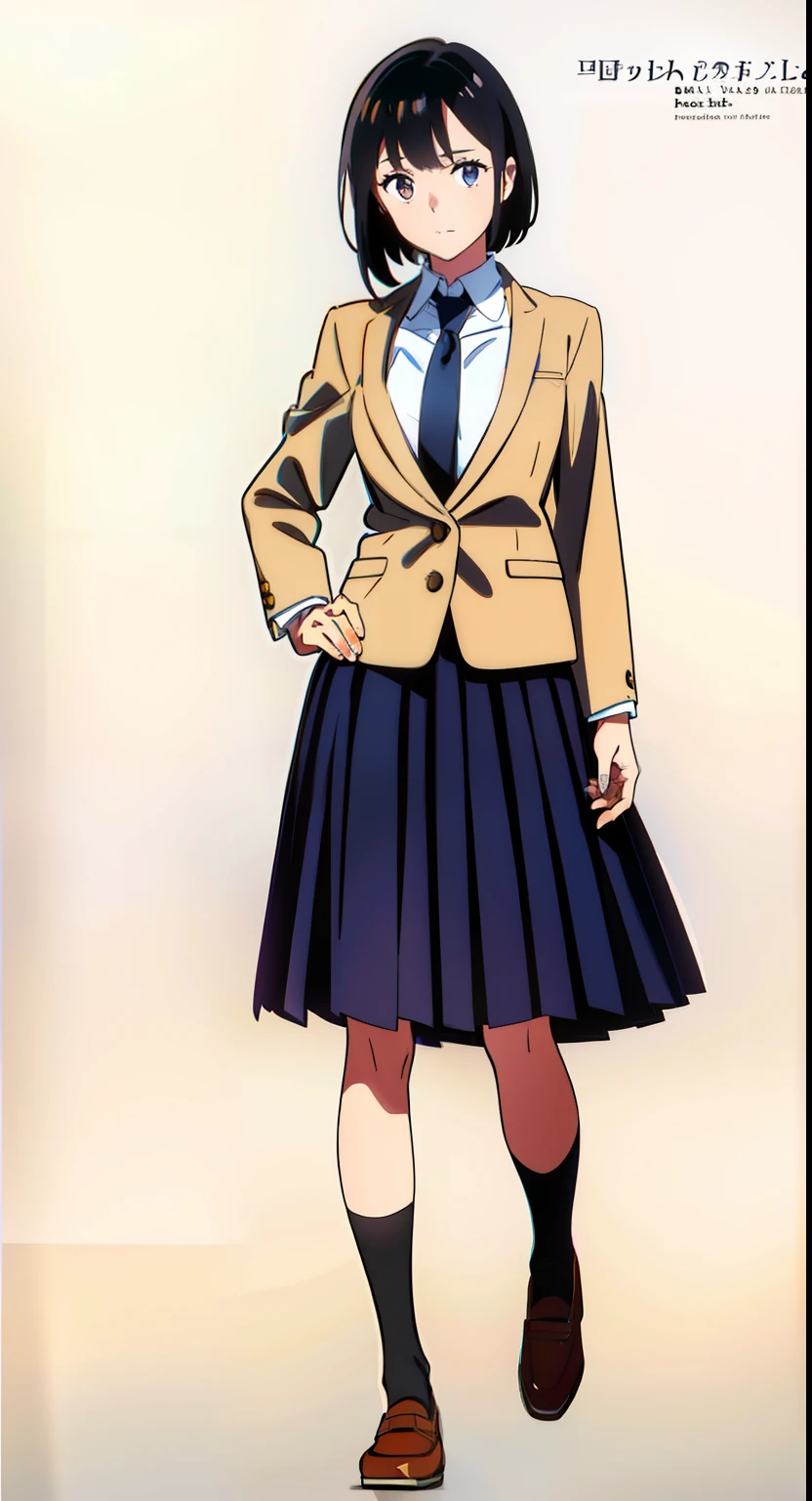 (white background:1.1), (best quality:1.1), (masterpiece:1.1), (full body:1.0), (solo:1.0), (a 18yo cute girl:1.0), (long skirt:0.9), (dark blue skirt:1.0), (pleated skirt:1.2), (school uniform beige blazer:1.0), (dark blue necktie:1.0), (black socks:1.0), (loafers:1.0), (lanky:1.1), (tall:1.1), (slender:1.1), (small breasts:1.1), (detailed beautiful eyes:1.0), (detailed beautiful face:1.0), (glowing black eyes:1.0), (short hair:1.0), (strait hair:1.0), (black hair:1.0), (standing:1.2), (looking at viewer:1.2)