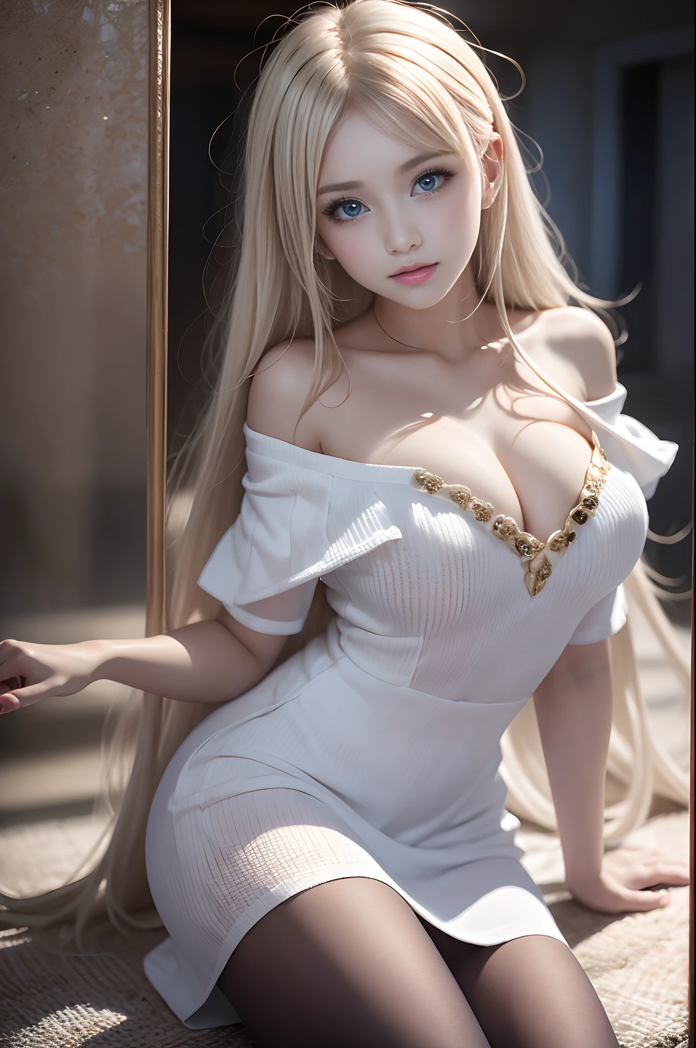 bright expression、Young shiny shiny white shiny skin、Best Looks、Blonde reflected light、Platinum blonde hair with dazzling highlights、shiny light hair,、Super long silky straight hair、Beautiful bangs that shine、Glowing crystal clear attractive big blue eyes、Very beautiful nice cute 16 year old girl、Lush bust,Beautiful detailed eyes, beautiful detailed nose,(( Full body:1.5)),Makeup that the eyes emphasize、,(Women like Joan of Arc)、Royal style,Comic style, , Sub-surface scattering, ornate detail, nature backdrop, Hyper-realistic, ((Cinematic)), Dramatic Lighting, masutepiece、((Off-the-shoulder white shirt dress:1.4))、((Fight on the battlefield))、(Loose and fluffy perm:1.4)、1 girl in、((Bob Hair:1.3))、Ultra realistic 8K CG, Picture-perfect face, flawless, clean, masutepiece, Professional artwork, famousartwork, Perfect face, Beautiful face, Beautiful eyes, ((Perfect female body)), Solo,(Immersive atmosphere, Chiaroscuro:1.5,Bright light:1.2,Luminous lighting),(blush:0.5),fascinated expression,Extremely detailed_Eyes,thick thighs,Large breasts,beautifullydetailedbackground,depth of fields,Realistic:1.3, longshot,Sitting, Full body, (ambient lights:1.3),(Cinematic composition:1.3),(Neon light:0.1),(nffsw:0.1),Accent Lighting, pantyhose,((dynamicposes))