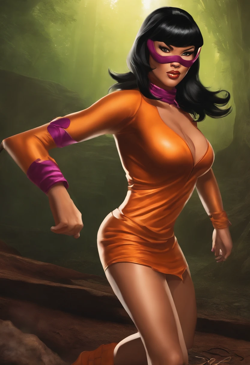 Asa Akira in a exposed ninja outfit wrestling Velma from Scooby doo