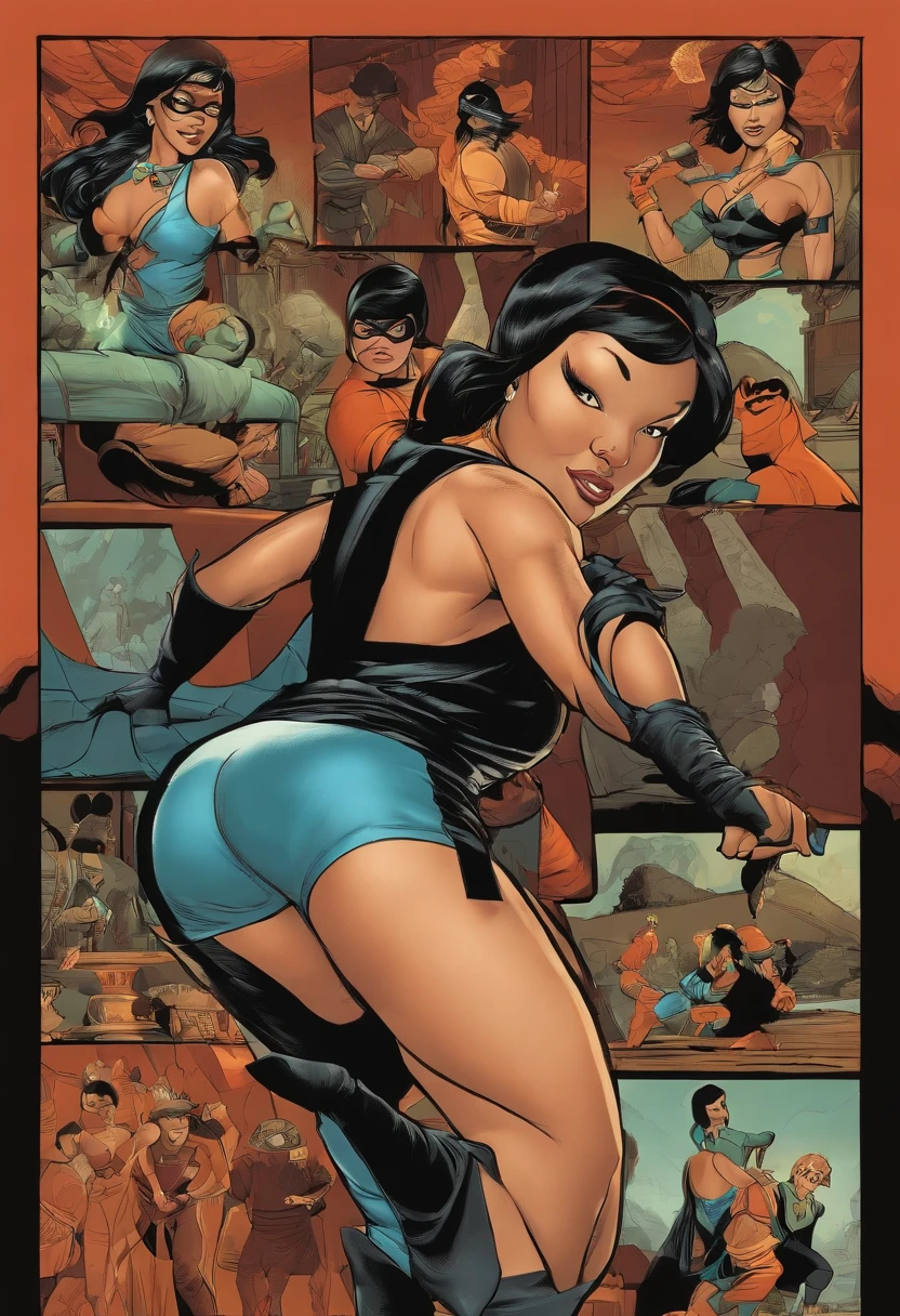 Asa Akira in a exposed ninja outfit wrestling  Velma from Scooby doo