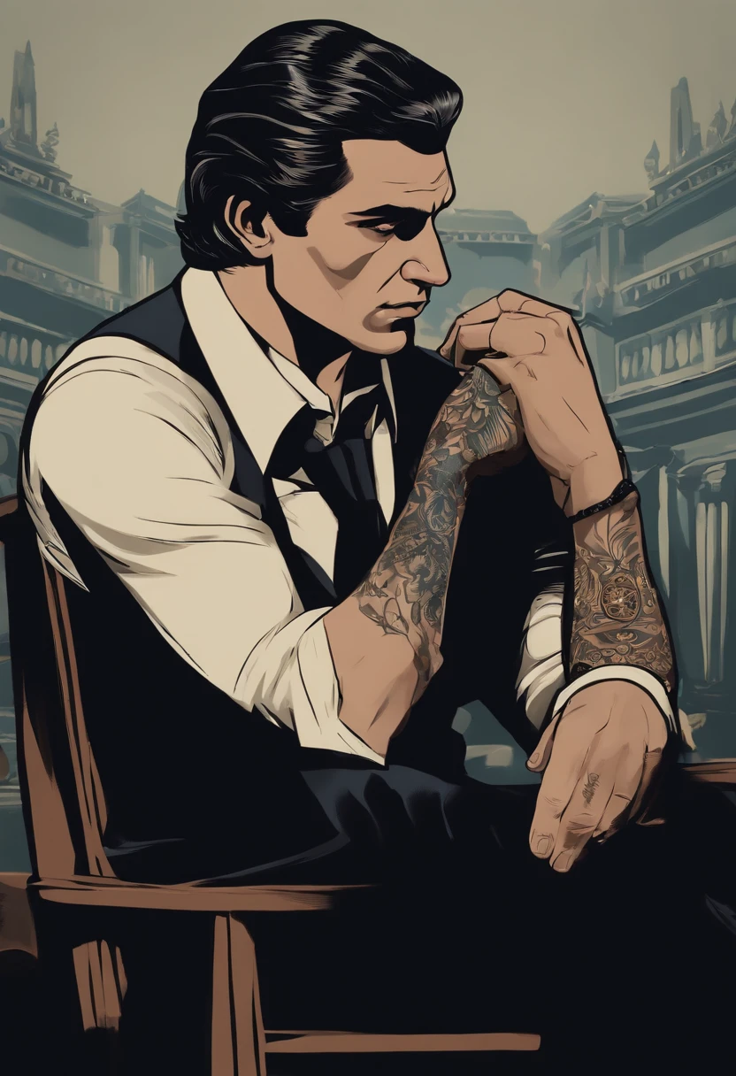 This British mobster is a remarkable and enigmatic figure. His black hair is carefully combed back, highlighting his extraordinarily clear blue eyes, which seem to capture the attention of everyone around him. His pale skin gives him a mysterious appearance, while his hand tattoos whisper secrets of his involvement in the underworld. He wears a tailored black suit, accentuating his slim, elegant figure. His wrist displays a Rolex, and on his finger a ring.