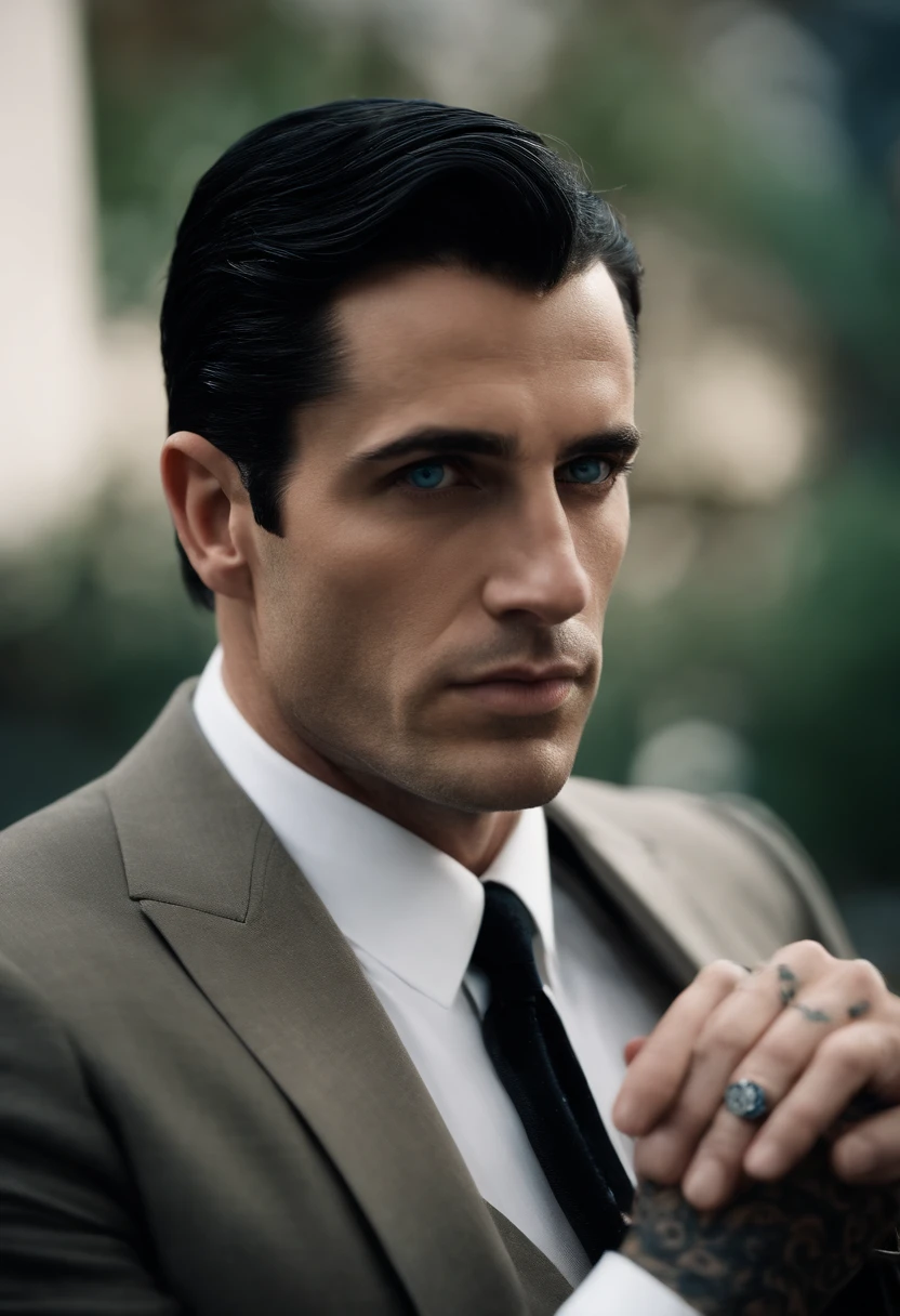 This British mobster is a remarkable and enigmatic figure. His black hair is carefully combed back, highlighting his extraordinarily clear blue eyes, which seem to capture the attention of everyone around him. His pale skin gives him a mysterious appearance, while his hand tattoos whisper secrets of his involvement in the underworld. He wears a tailored black suit, accentuating his slim, elegant figure. His wrist displays a Rolex, and on his finger a ring.