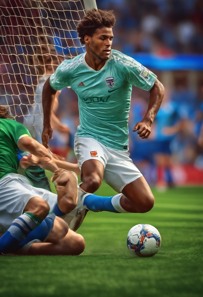 A lively soccer match on a sunny day, professional players competing passionately, kicking the ball with precision and agility, intense tackles and skillful dribbles, a cheering crowd in the background, dynamic movement and energetic expressions on players' faces, vibrant green grass field, vivid colors depicting the excitement, HDR lighting enhancing the vividness, ultra-detailed depiction of players' jerseys and equipment, realistic rendering of the stadium, sharp focus on the action, bokeh effect highlighting the players, portraits of key players capturing their determination and passion, the unique atmosphere of the game, capturing the beauty and intensity of the sport, with a touch of photo-realism.