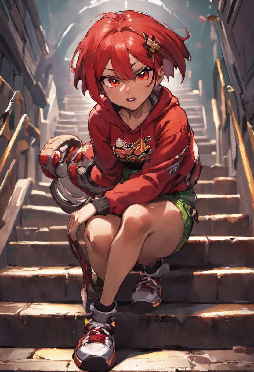 boa qualidade, personagem adolescente, cor de pele vermelha, chifre, eles , perna, Sitting on the stairs short hair tied back, olhos verdes,
