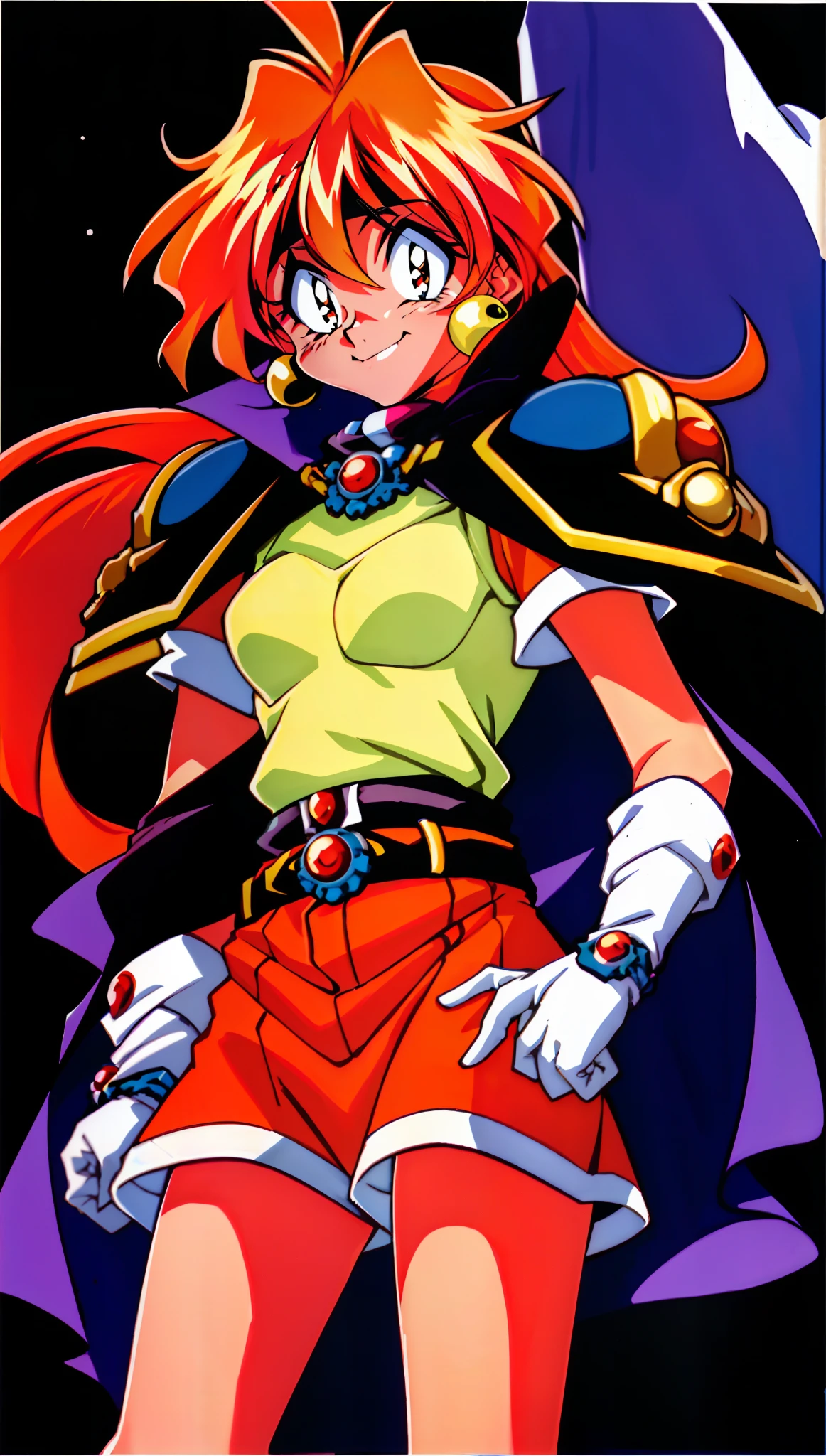 masterpiece, best quality, ultra-detailed, illustration, 1girl, 1990s \(style\), belt, boots, cape, earrings, gloves, headband, jewelry, lina inverse, long hair, pantyhose, red eyes, red hair, orange hair, retro artstyle, solo, traditional media,smiling,smile, standing