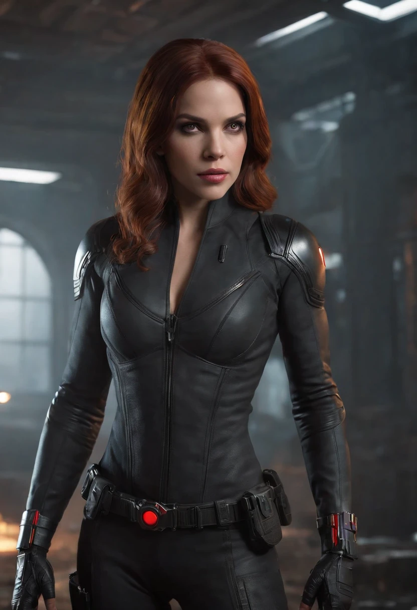 scarlett johansson like black widow, marvel super hero, realista, detalles, 8k, tetona, cuerpo completo