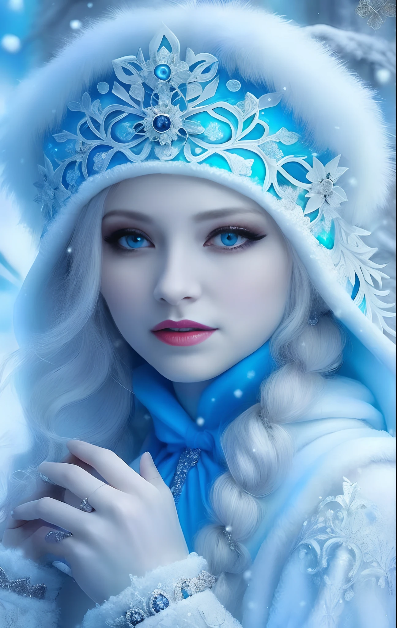 Un primer plano de una mujer con un sombrero azul y una bata blanca, Diosa del invierno, ojos azul hielo, ojos azul hielo, Princesa de invierno, Reina del invierno, Hechicera de hielo, Reina de Hielo, Ojos azules cristalinos, ojos helados, foto de perfil, Princesa de hielo, pale snow white skin, Hermosa bruja de escarcha antigua, Hermosa obra de arte digital, Cool blue colors