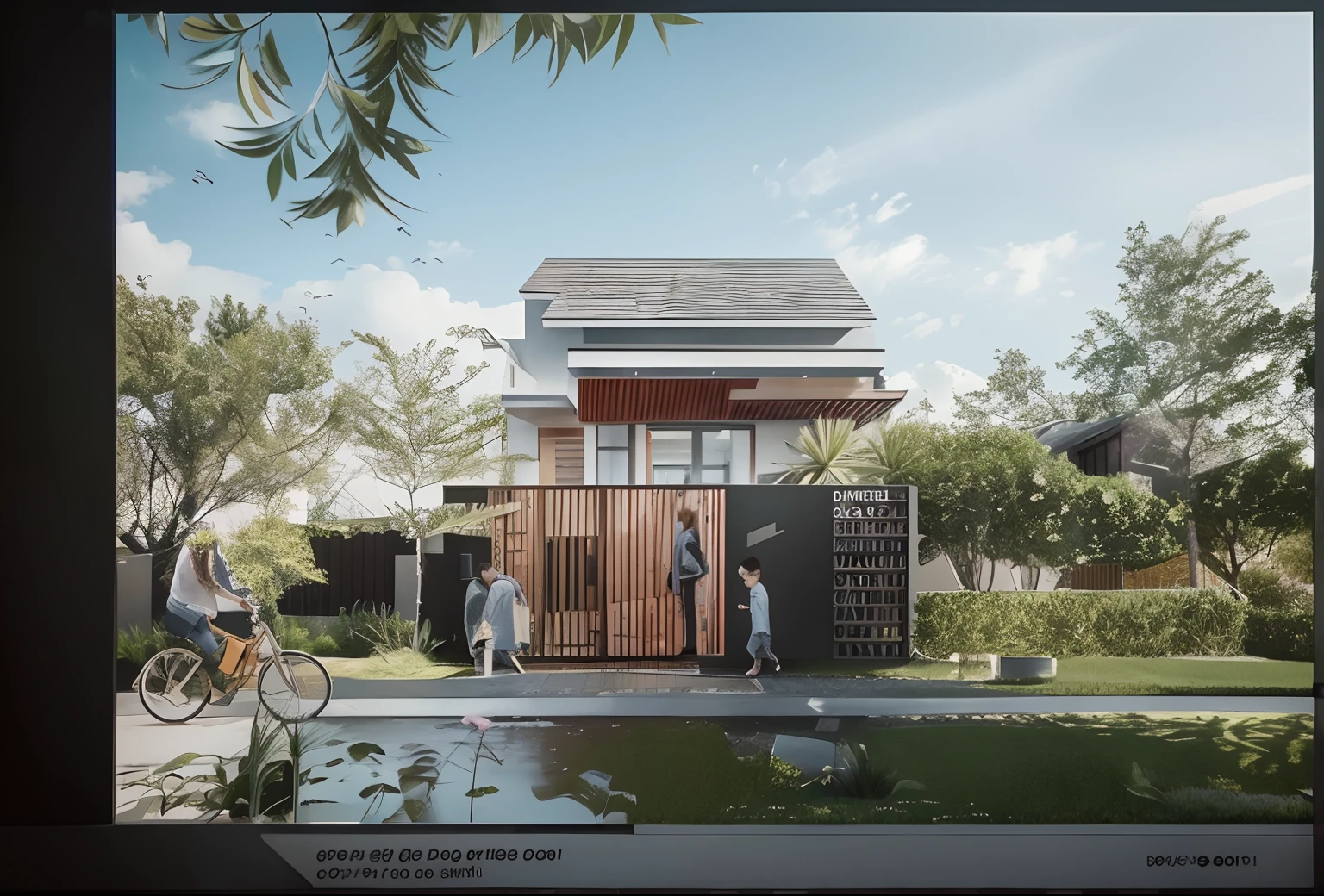 rendering of a small house with a man and a walking by, concept house, wide angle exterior 2022, frontview, overall architectural design, front perspective, front elevation view, an architectural, full - view, full view, residential design, residential, exterior design, front-view, front facing view, rendering, complex and detailed