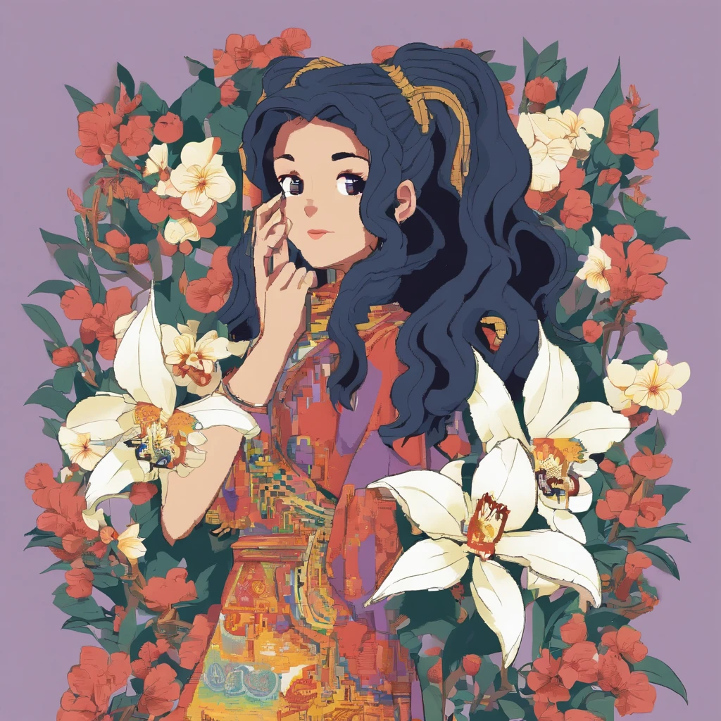 (( 1 garota)) garota de 20 anos, pele clara, cabelos pretos cacheado, 4K ultra definido ((action)) She's smelling a white orchid ((Characteristics)) mulher, pele clara, rosto bonito, shy expression on his face,cabelos preto cacheado , usando blusa larga cor de vinho