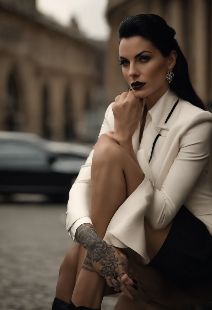 This British mobster is a remarkable and enigmatic figure. Her black hair is neatly slicked back, destacando seus olhos azuis extraordinariamente claros, that seem to capture the attention of everyone around them. Her pale skin gives her a mysterious appearance, while his hand tattoos whisper secrets of his involvement in the underworld. Ele usa um terno preto sob medida, acentuando sua magreza, figura elegante. Seu pulso exibe um Rolex, e no dedo um anel.
