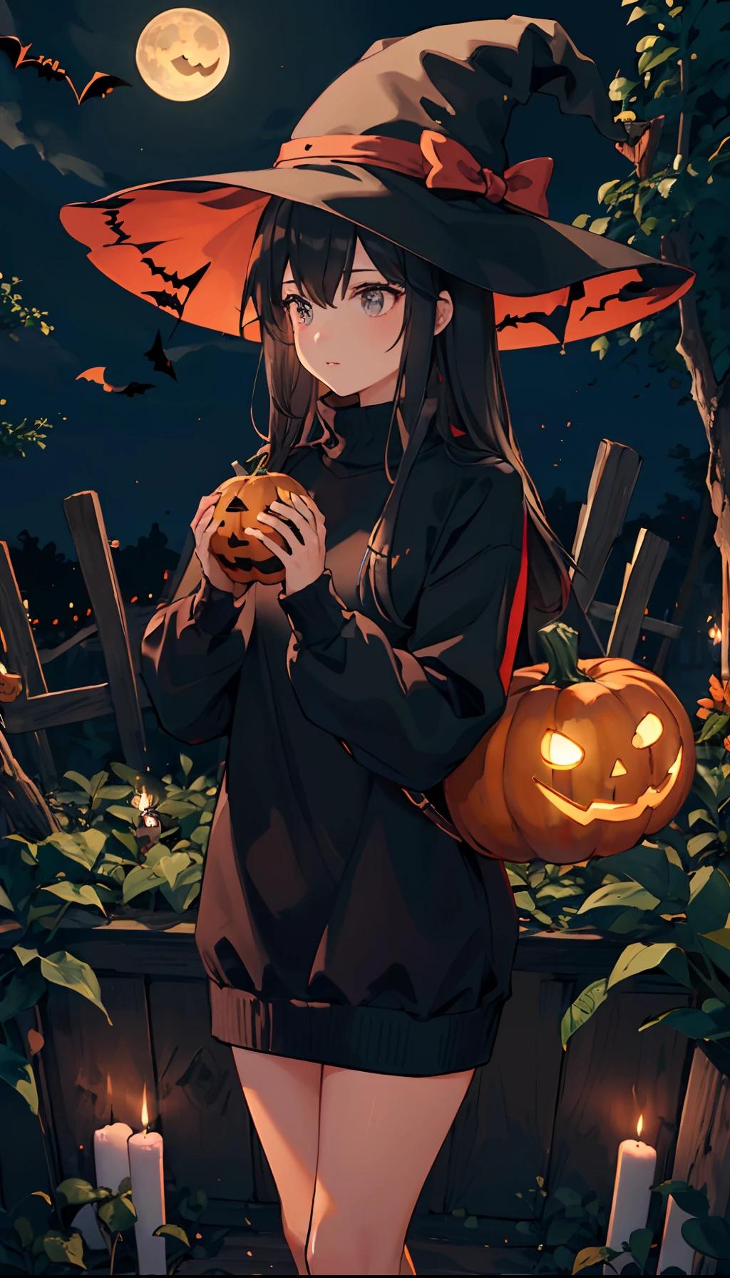 A Girl in long black sweater, in Witch hat for Halloween , holding Pumpkin with candle lit inside in both hands, Busy pumpkin patch and moonlit scene in the background of her