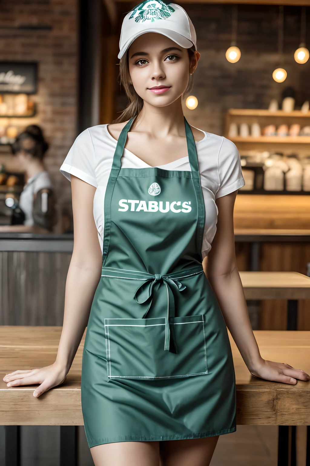 Girl working at workbench at Starbucks,She wears a black Starbucks baseball cap on her head,She wore only a green Starbucks apron,hightquality、tmasterpiece、Hyper-Resolution、barechested、NAKED Apron、Wearing a apron、full body Esbian、 depth of fields, tilt, Reflective,Photorealistic, 超A high resolution, hightquality,Soft light,best qualtiy,tmasterpiece,8K,hyper realstic,
